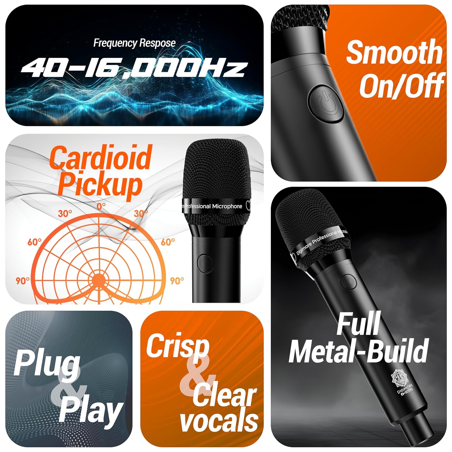 DIGIMORE Professional XLR Dynamic Microphone | Cardioid Pickup | Neodymium Capsule | 20ft XLR Cable & Mic Holder | Ideal for Singing, Recording, DJ & Live Performances (D-1070)