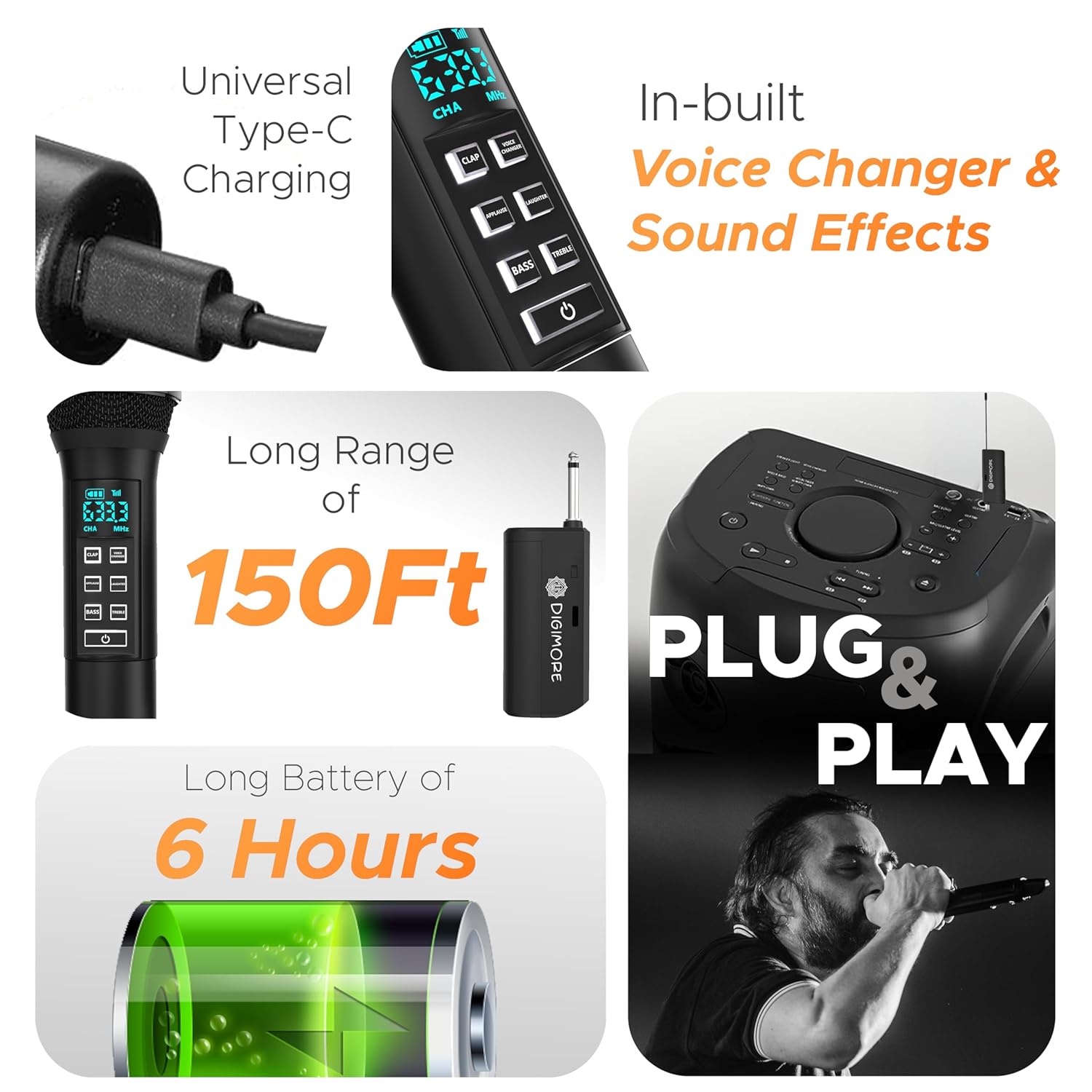 DIGIMORE UHF Dual Wireless Microphone System with in-Built Sound Card | Voice Change, Echo, Bass Etc. | 150ft Range | for House Parties, Outdoor Party, Singing, Classroom (D-356)