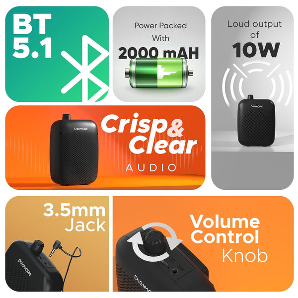 DIGIMORE Voice Amplifier for Teachers with Bluetooth | 10 Hrs Battery | Wired Headset Mic with 10W Speaker for Tour Guides, Yoga, Classroom Teaching Aid for Schools & Colleges (D-1200)