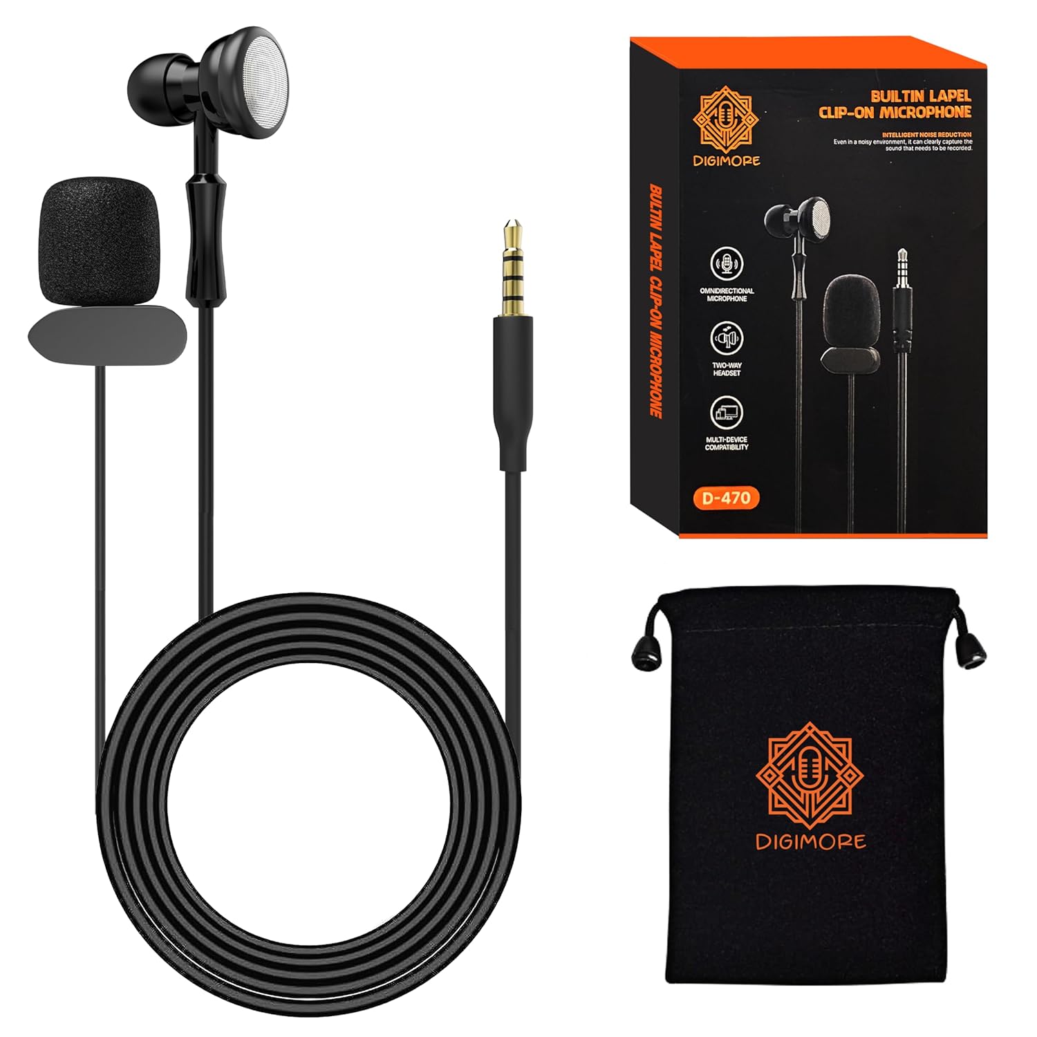 DIGIMORE Lavalier Microphone | Omnidirectional Clip-On Mic | Noise-Reduction Chip | Two-Way Headset | for Recording, Streaming & Online Meetings (D-470 3.5mm)