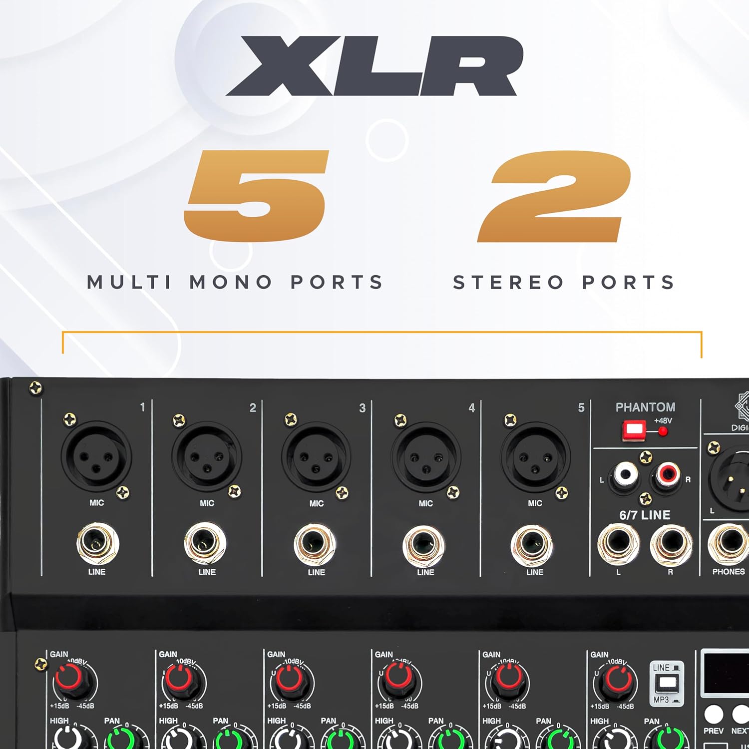 DIGIMORE 7 Channel Audio Mixer with USB & BT Playback | 48V Phantom Power | Stereo XLR Outs | Delay & Reverb Effects | Ideal for Stage, Live Gigs, and Karaoke (D-255 PRO)