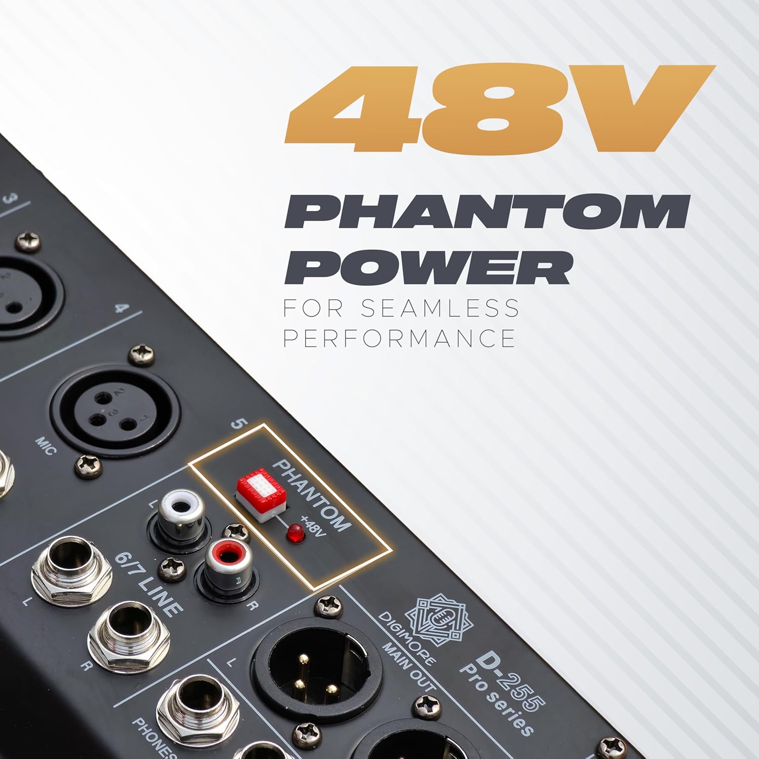 DIGIMORE 7 Channel Audio Mixer with USB & BT Playback | 48V Phantom Power | Stereo XLR Outs | Delay & Reverb Effects | Ideal for Stage, Live Gigs, and Karaoke (D-255 PRO)