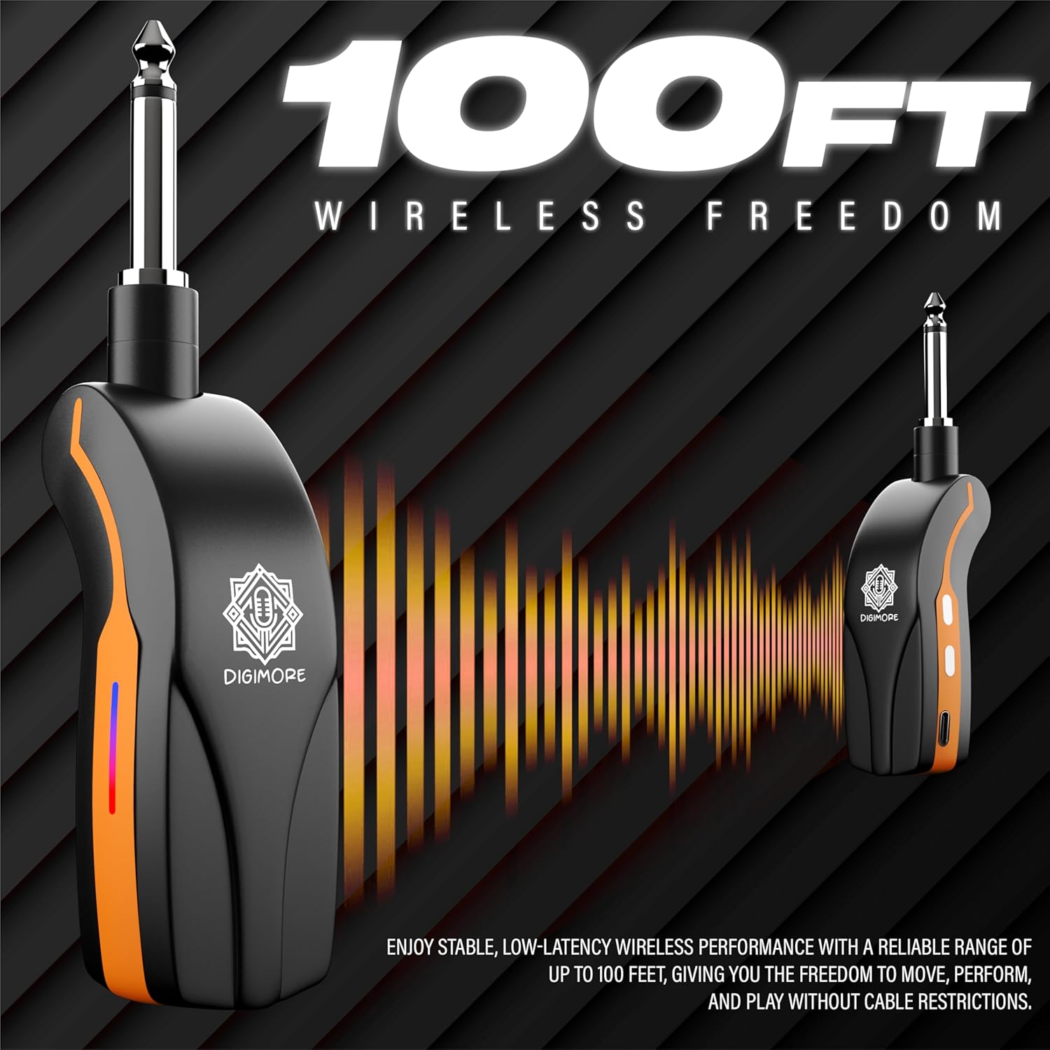 DIGIMORE UHF Wireless Guitar System | 5Hrs Playback | <5ms Latency | 100ft Range | 180° Rotatable Plug | 20Hz - 20KHz Frequency Response | Compatible with Amplifiers, Mixers & Guitar Amps (D-701)