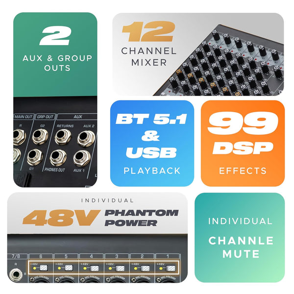 DIGIMORE 12-Channel Live Audio Mixer | 99 DSP 24-Bit Effector | BT 5.1 & USB MP3 Playback | 2 Aux & 2 Group Outs | 7-Band EQ | Ideal for Studio, Stage & Live Sound (D-290)