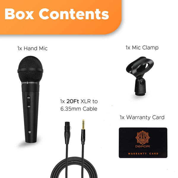 DIGIMORE Super-Cardioid Dynamic Microphone | Wired Mic with 20ft XLR Cable & Mic Holder | for Vocals, Singing, Karaoke, Live Performance, Studio, PA System, Stage, Recording (D-1020)