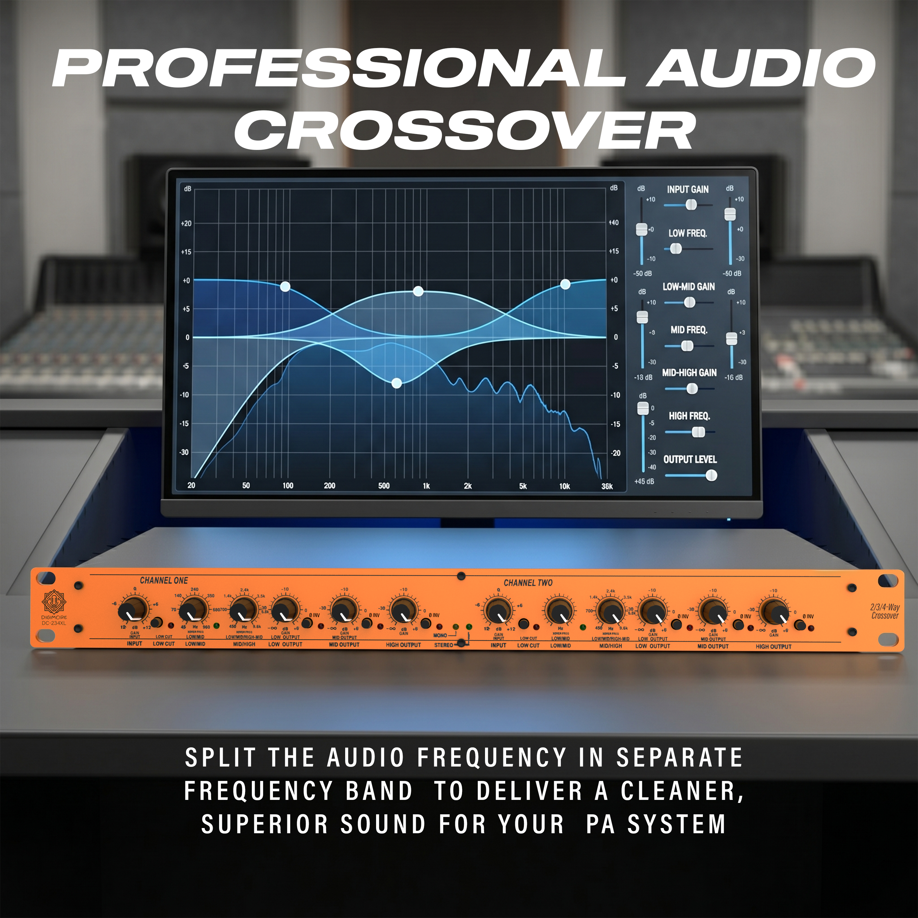 Digimore 2/3/4 Way Dual Channel Crossover | Balanced XLR Input/Output | 24dB Linkwitz-Riley Filters | Mono & Stereo Modes | Subwoofer Output | Phase Reverse | Ideal for PA, DJ & Studio (DC-234XL)