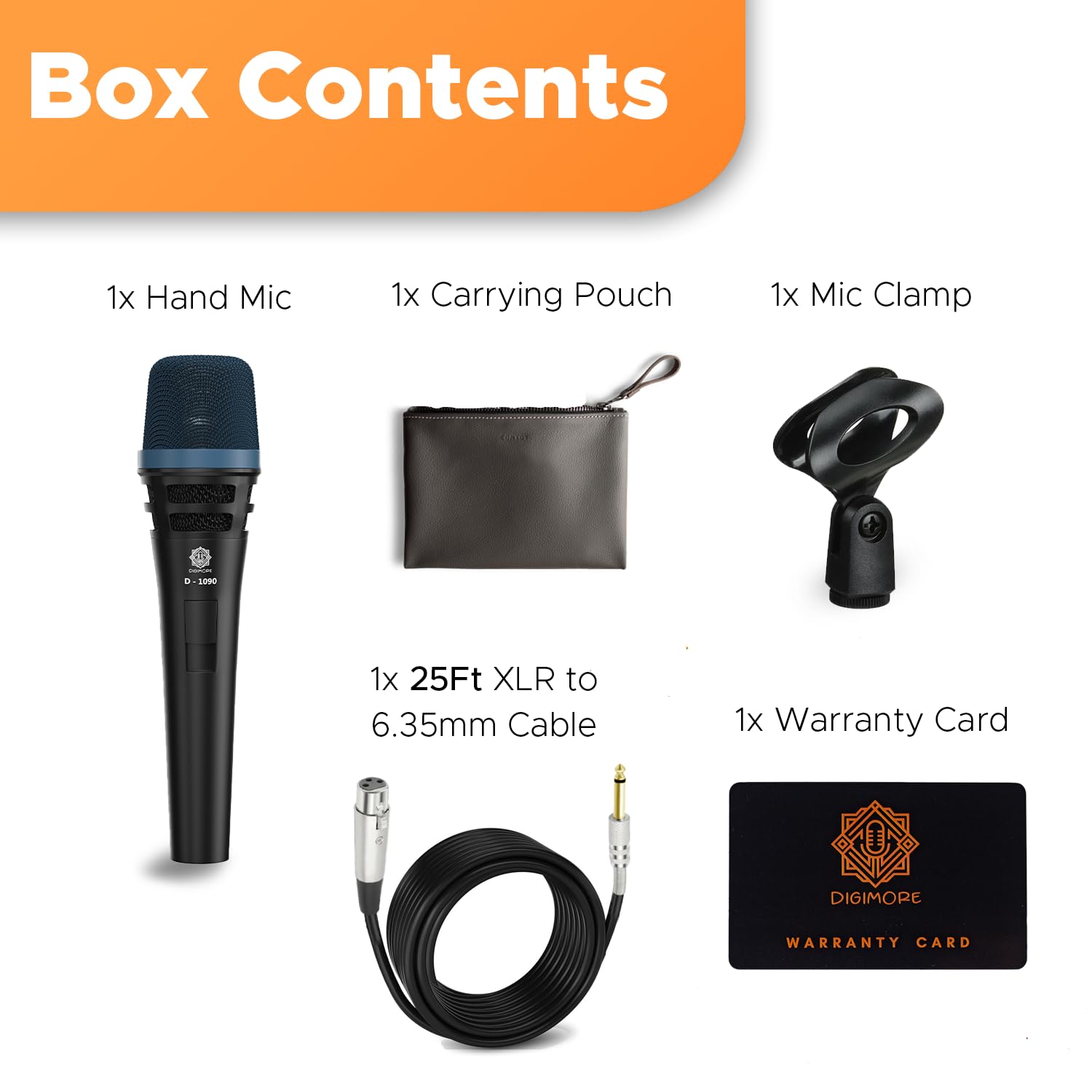 DIGIMORE Super-Cardioid Dynamic Microphone | Durable Metal Body | XLR to 6.35mm 20ft Cable with Mic Holder | Ideal for Vocals, Singing, Live Performance & Public Gatherings (D-1090)