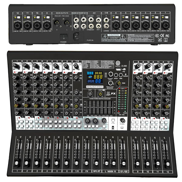 DIGIMORE 12-Channel Live Audio Mixer | 99 DSP 24-Bit Effector | BT 5.1 & USB MP3 Playback | 2 Aux & 2 Group Outs | 7-Band EQ | Ideal for Studio, Stage & Live Sound (D-290)