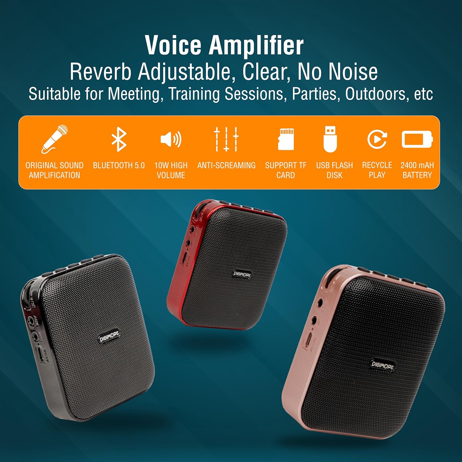 DIGIMORE D-1210 Bluetooth Voice Amplifier for Teachers | 10H Battery Life, and MP3 Support |10W Portable PA System with Headset Microphone for Tour Guides,Yoga,Fitness Instructors,Colleges (Red)