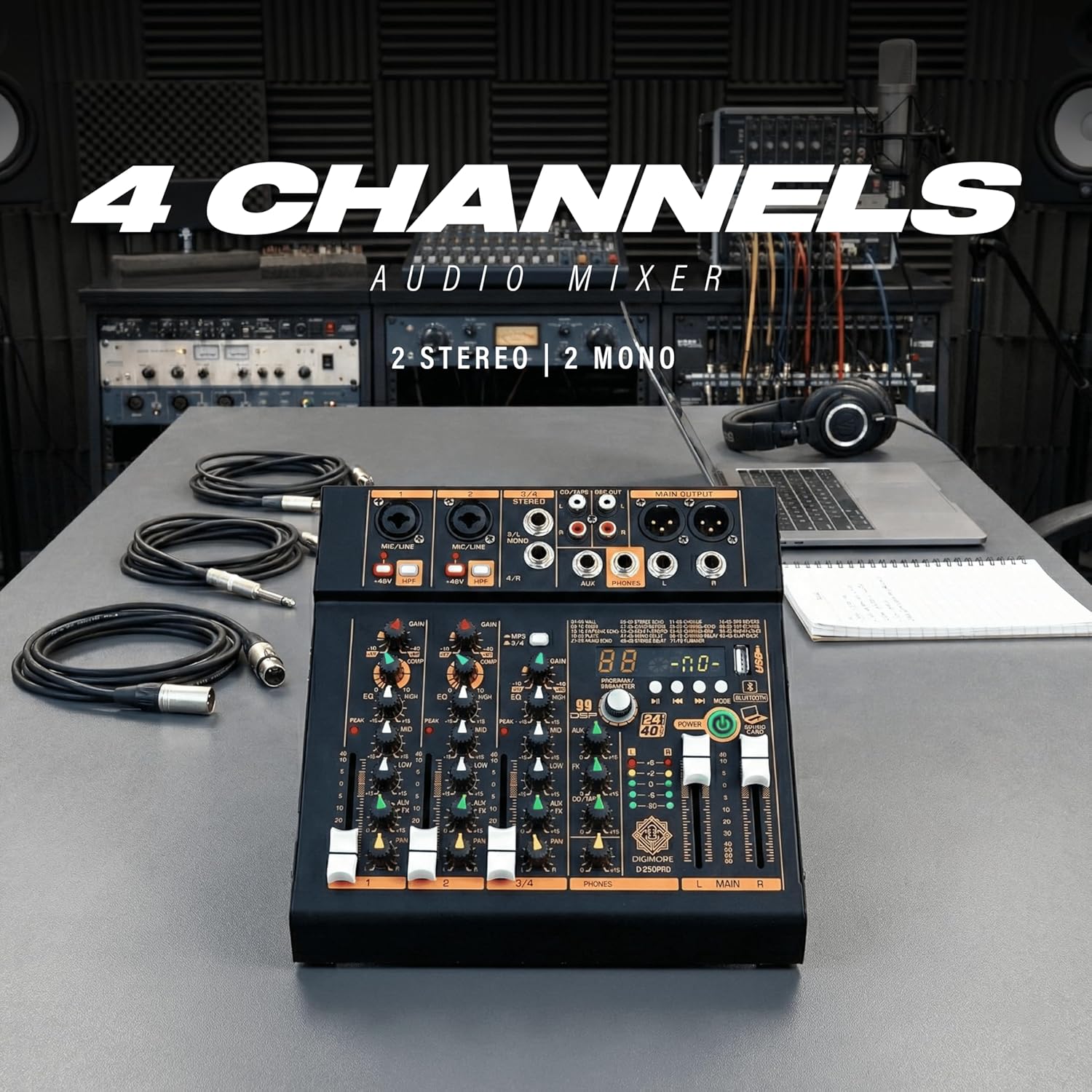 DIGIMORE Professional Audio Mixer with 99 DSP Effects| 2 Mono and 2 Stereo Channel| USB/PC Recording| Bluetooth Connectivity v5.3| Ideal for Live Streaming, Podcasting, Karaoke & Home Studio(D-250PRO)