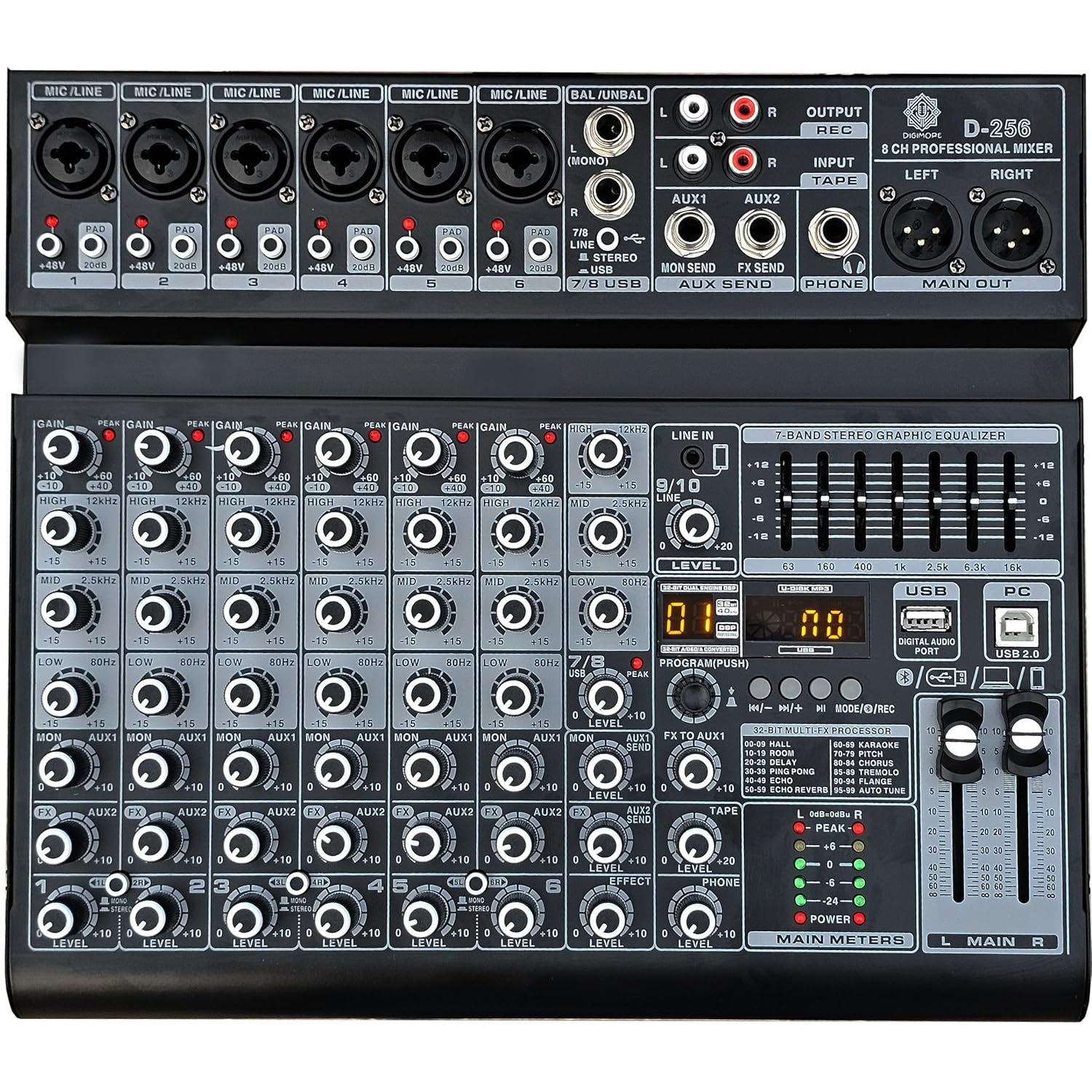 Digimore 8 Channel Mixer with Interface, 32 DSP DJ Bluetooth Mixer Reverb Effect +48V Phantom For Karaoke Studio Streaming Recording (D-256)
