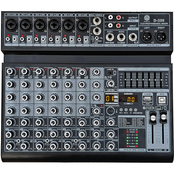 Digimore 8 Channel Mixer with Interface, 32 DSP DJ Bluetooth Mixer Reverb Effect +48V Phantom For Karaoke Studio Streaming Recording (D-256)