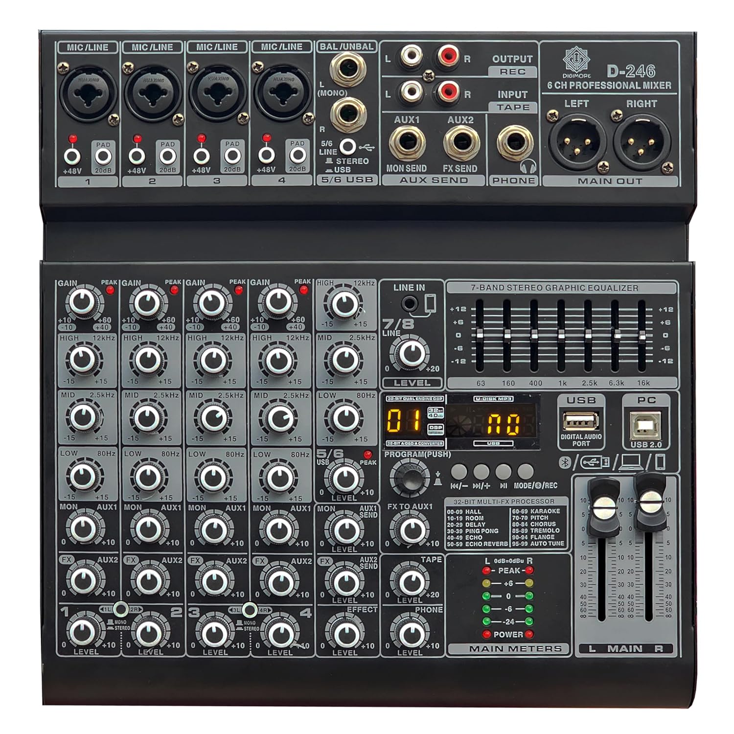 DIGIMORE 6 Channel Audio Mixer with Interface, 32 DSP Bluetooth DJ Mixer Reverb Effect +48V Phantom For Karaoke Studio Streaming Recording (D-246)