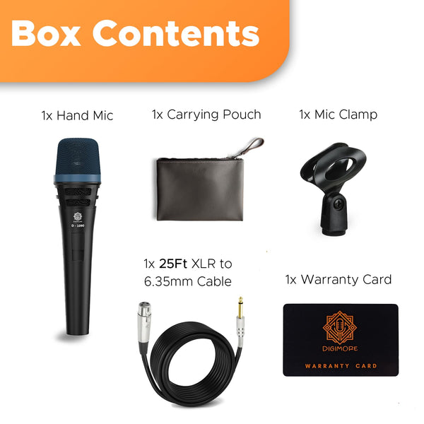 DIGIMORE Super-Cardioid Dynamic Microphone | Durable Metal Body | XLR to 6.35mm 20ft Cable with Mic Holder | Ideal for Vocals, Singing, Live Performance & Public Gatherings (D-1090)