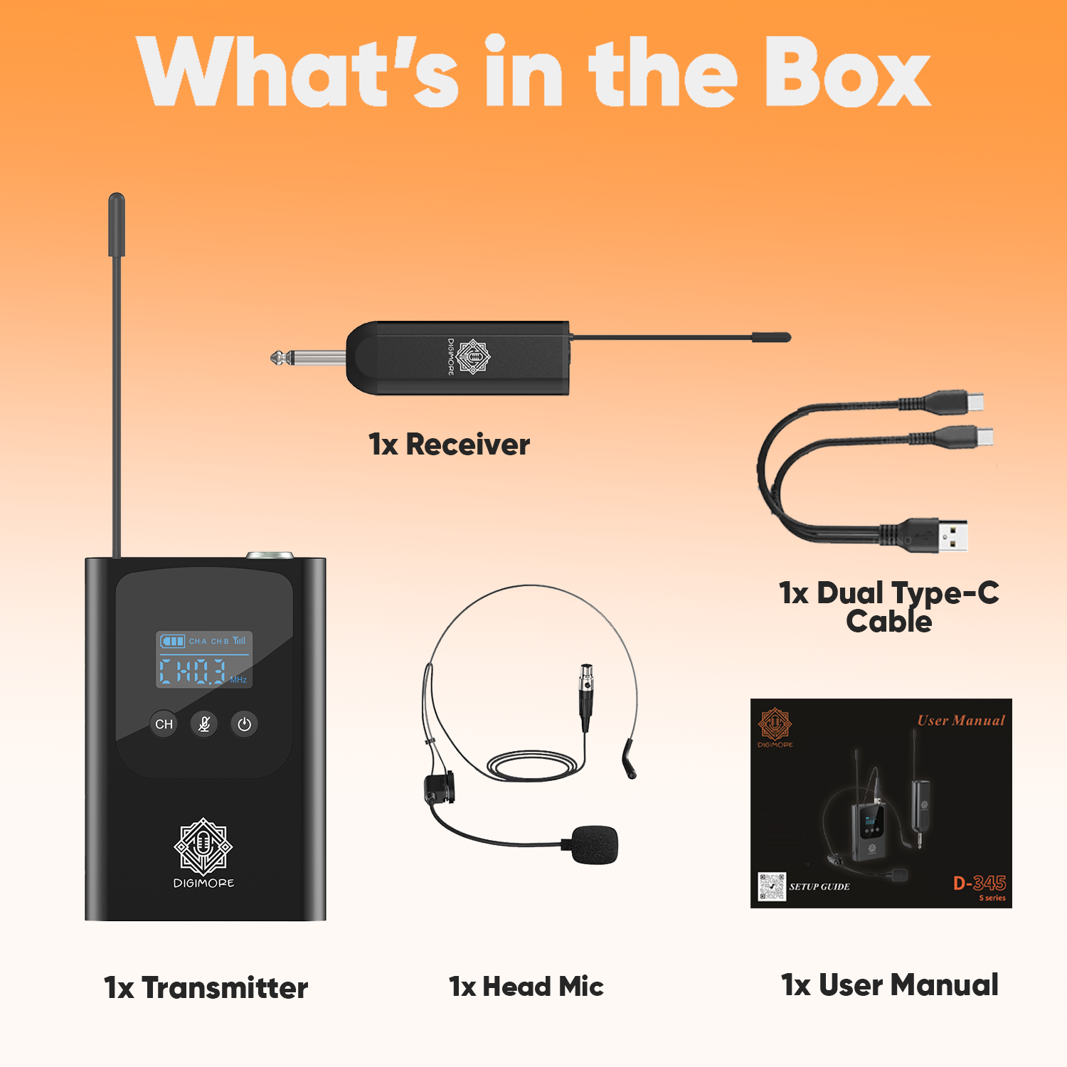 DIGIMORE UHF Wireless Headset Mic | 3-Pin Mini XLR Mic | 5Hrs Battery | 160Ft Range | <5ms Latency | 5 Changeable Channels | Heavy Metal & Glass Body | Ideal for Fitness, Churches, Classrooms (D-345S)