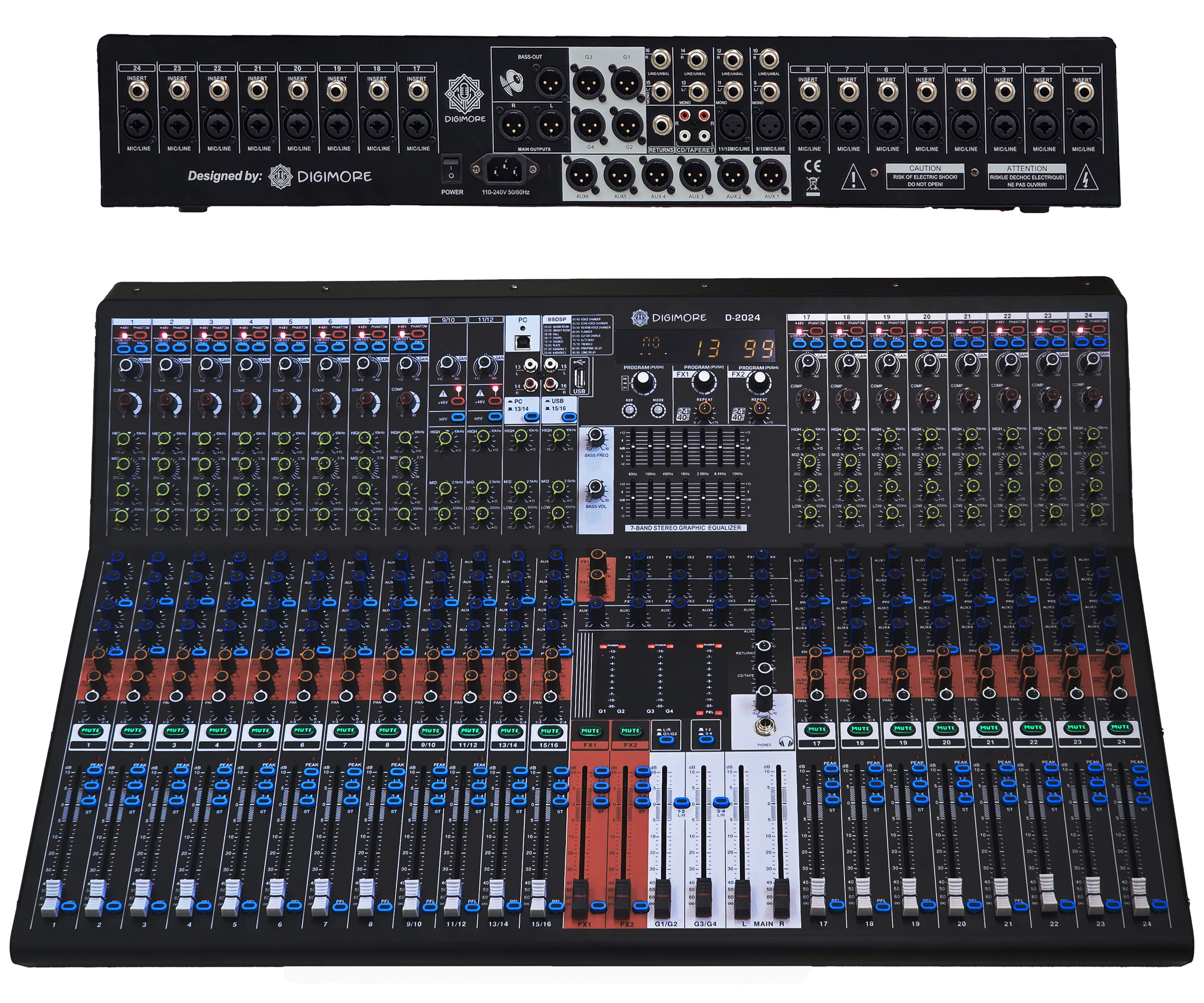 Digimore 24-Channel Audio Mixer | 6 Aux, 4 Groups & 1 Bass XLR Output | Pre/Post Control | Mute & 48V Phantom Power | 99 DSP Effects | BT 5.4/USB/PC Recording | Ideal for DJ & Live Events (D-2024)