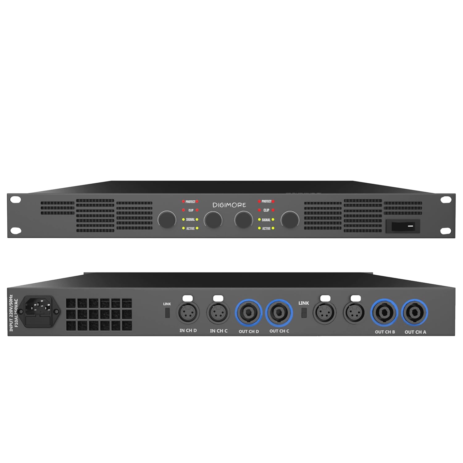 DIGIMORE 2000W Class-D Amplifier | 4 Channel Amplifier | 500W x 4 Channel at 4Ohms | 350W x 4 Channel at 8 Ohms | Class-D | Protect & Clip | Live Events, Shows, DJ (D-20A)