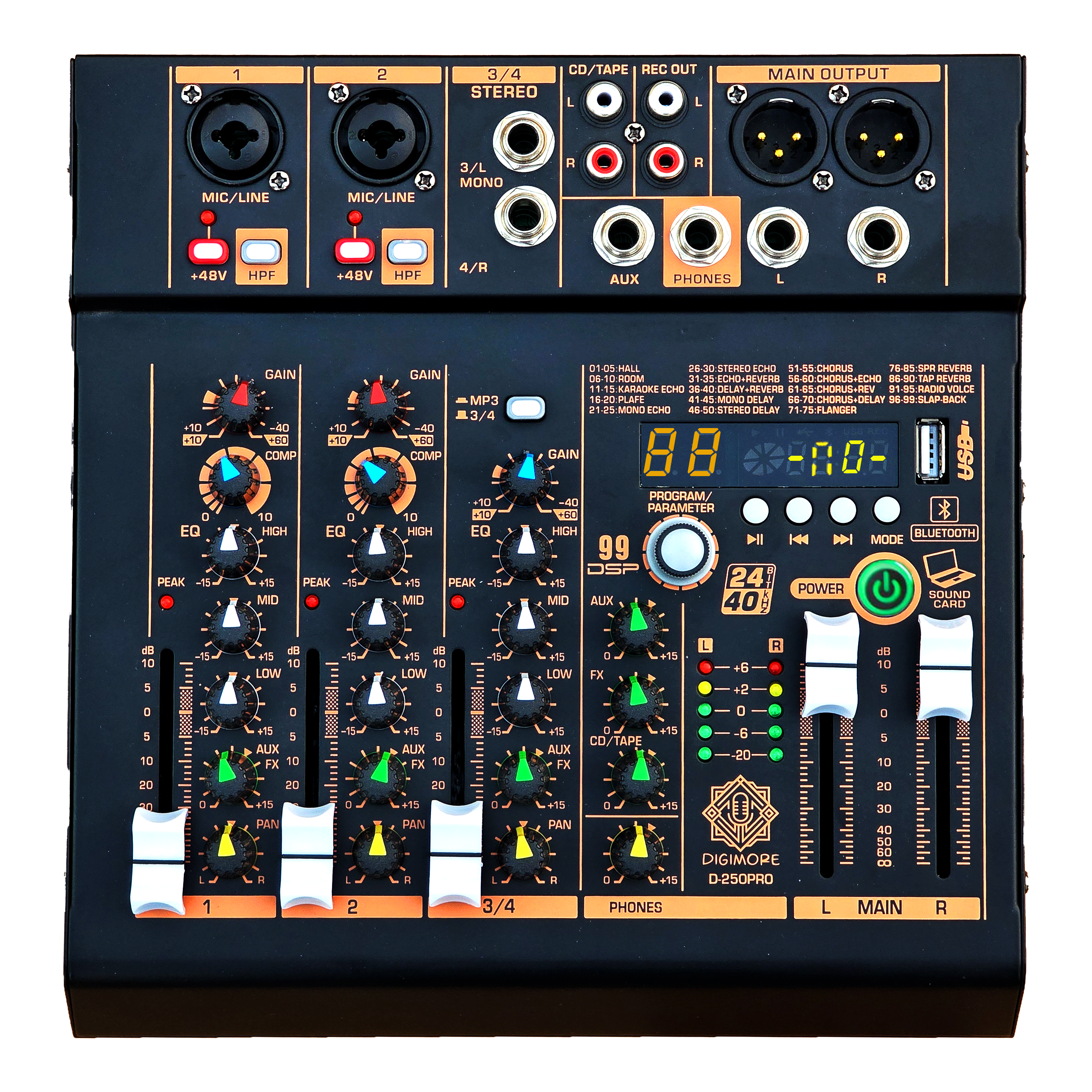 DIGIMORE Professional Audio Mixer with 99 DSP Effects| 2 Mono and 2 Stereo Channel| USB/PC Recording| Bluetooth Connectivity v5.3| Ideal for Live Streaming, Podcasting, Karaoke & Home Studio(D-250PRO)