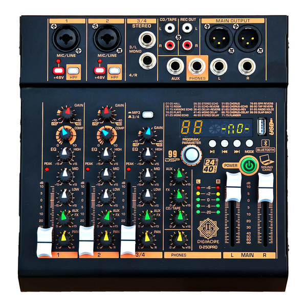 DIGIMORE Professional Audio Mixer with 99 DSP Effects| 2 Mono and 2 Stereo Channel| USB/PC Recording| Bluetooth Connectivity v5.3| Ideal for Live Streaming, Podcasting, Karaoke & Home Studio(D-250PRO)