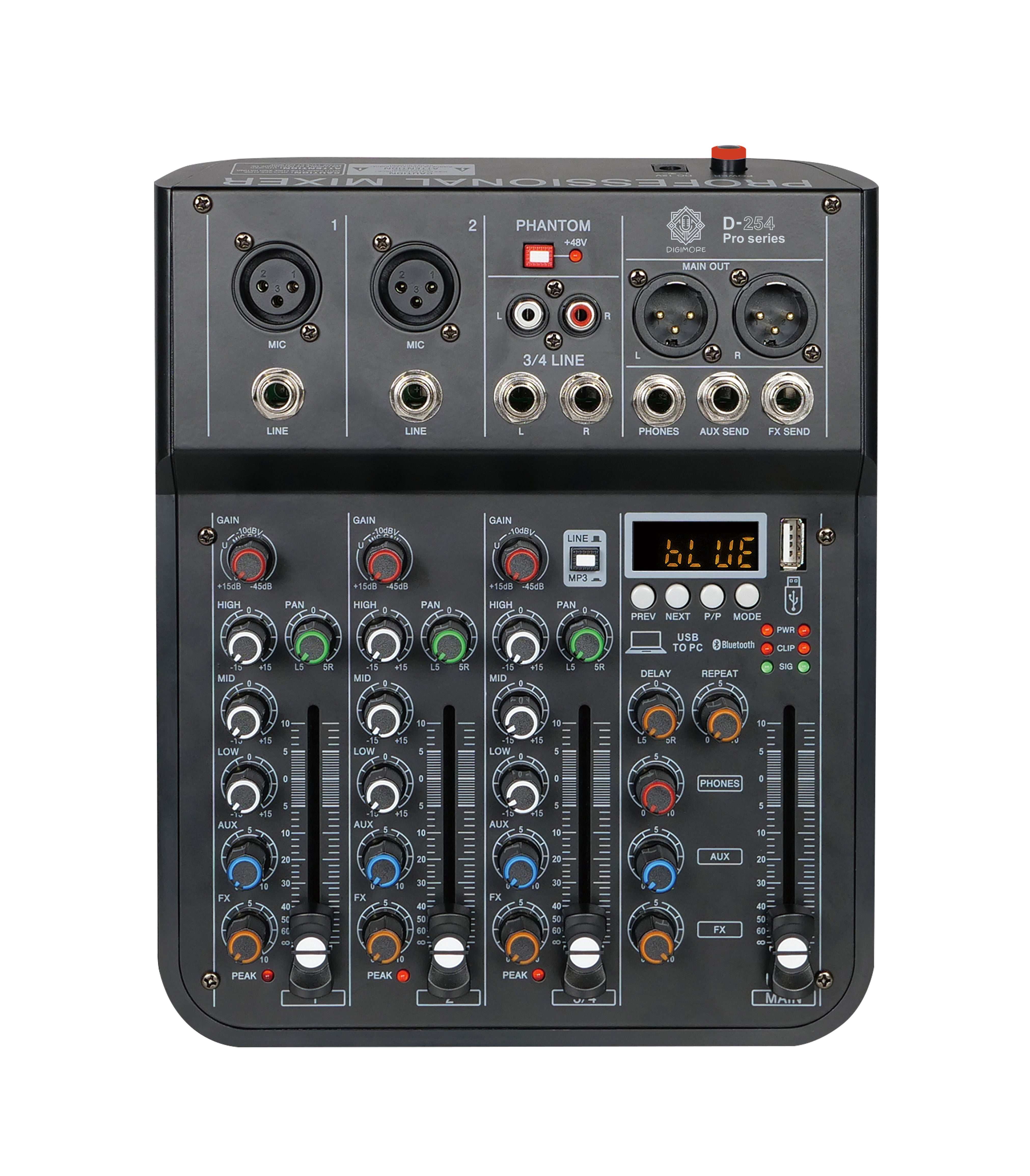 Digimore Professional Audio Mixer with 4 Channel Input | Digital Delay Effect | USB Audio Interface | +48V Phantom Power | Stereo XLR Output | ideal choice for DJs, musicians & event setups (D-254Pro)