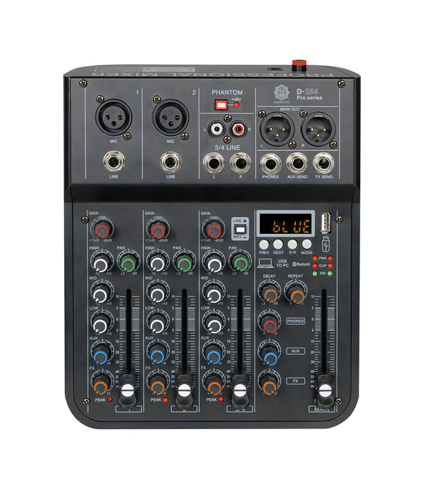 Digimore Professional Audio Mixer with 4 Channel Input | Digital Delay Effect | USB Audio Interface | +48V Phantom Power | Stereo XLR Output | ideal choice for DJs, musicians & event setups (D-254Pro)
