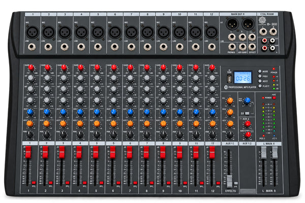 DIGIMORE Professional 12 Channel Mixer | 12 XLR + 6.35MM Inputs | USB MP3 & BT Support | 48V Phantom Power | Delay & Repeat FX |Stereo Output| Stereo Control Room, Headphone, Aux, EFF D-285