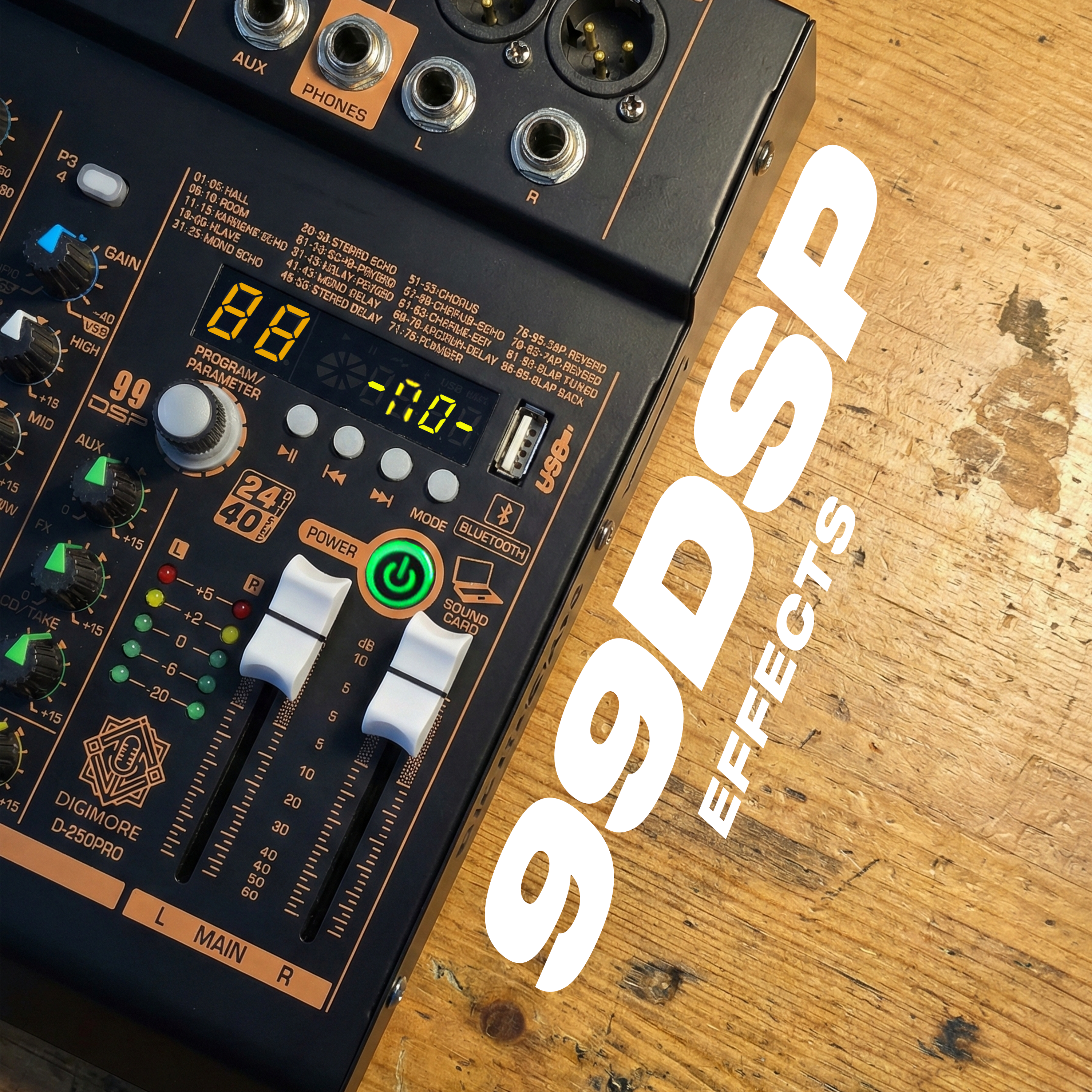 DIGIMORE Professional Audio Mixer with 99 DSP Effects| 2 Mono and 2 Stereo Channel| USB/PC Recording| Bluetooth Connectivity v5.3| Ideal for Live Streaming, Podcasting, Karaoke & Home Studio(D-250PRO)