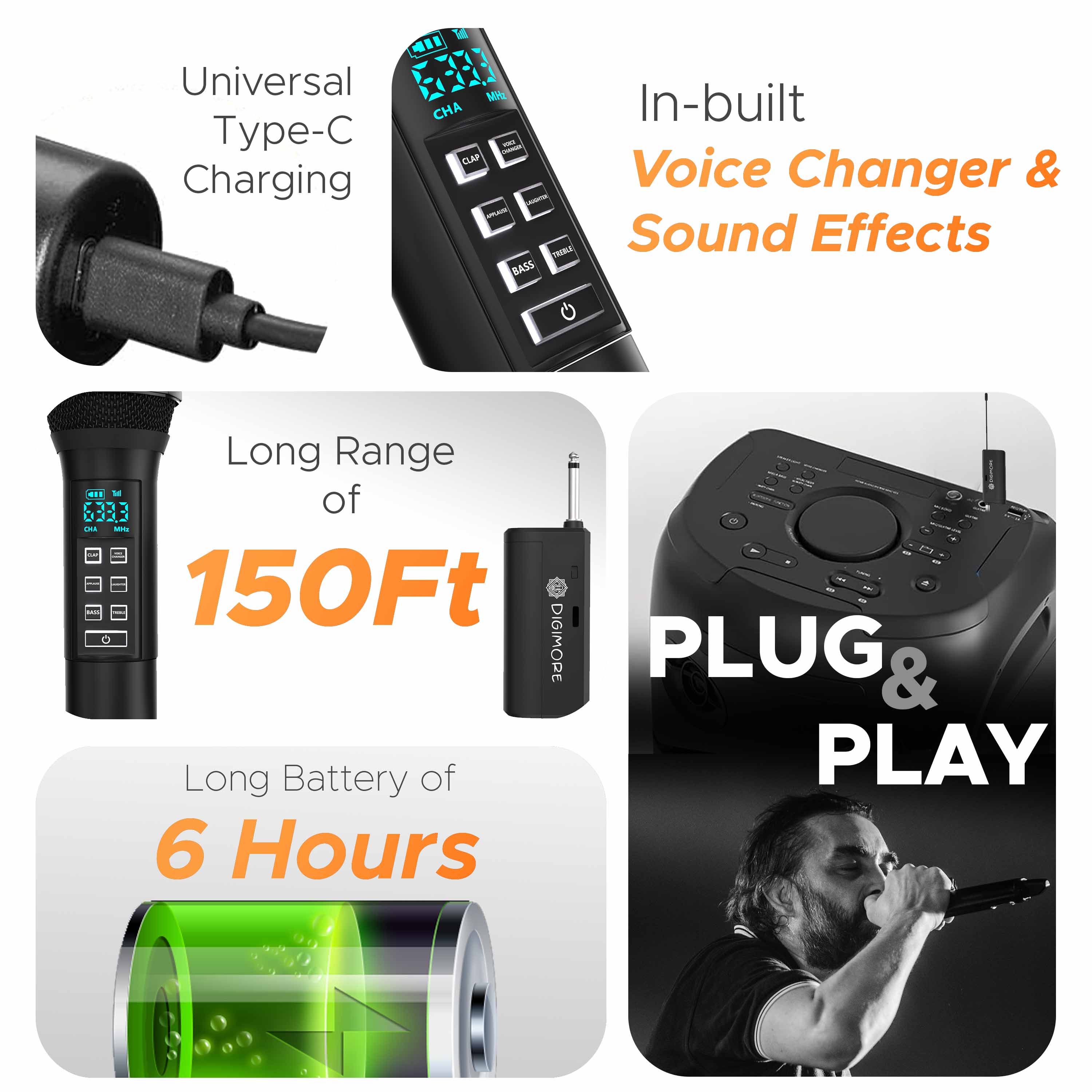 DIGIMORE UHF Wireless Microphone System with in-Built Sound Card | Voice Change, Echo, Bass Etc. | 150ft Range | for House Parties, Outdoor Party, Singing, Classroom (D-346)