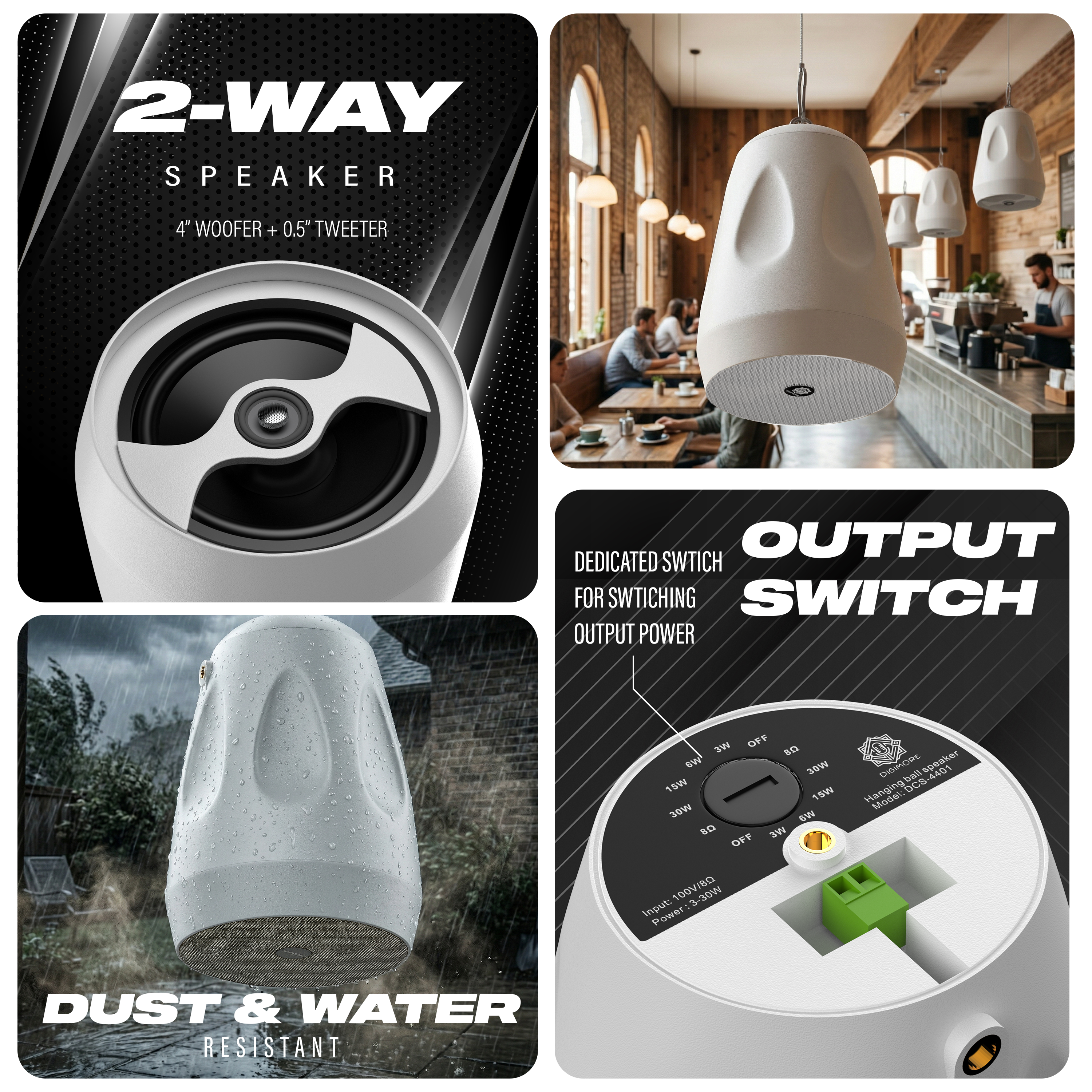DIGIMORE 30W Hanging Speaker | 2-Way 8Ω Speaker | 4" Woofer + 0.5" Tweeter | Includes Clamp & Metal Cable | Metal Body & Weather-Resistant for Outdoors, Shops, Restaurants (DCS-4401 White)