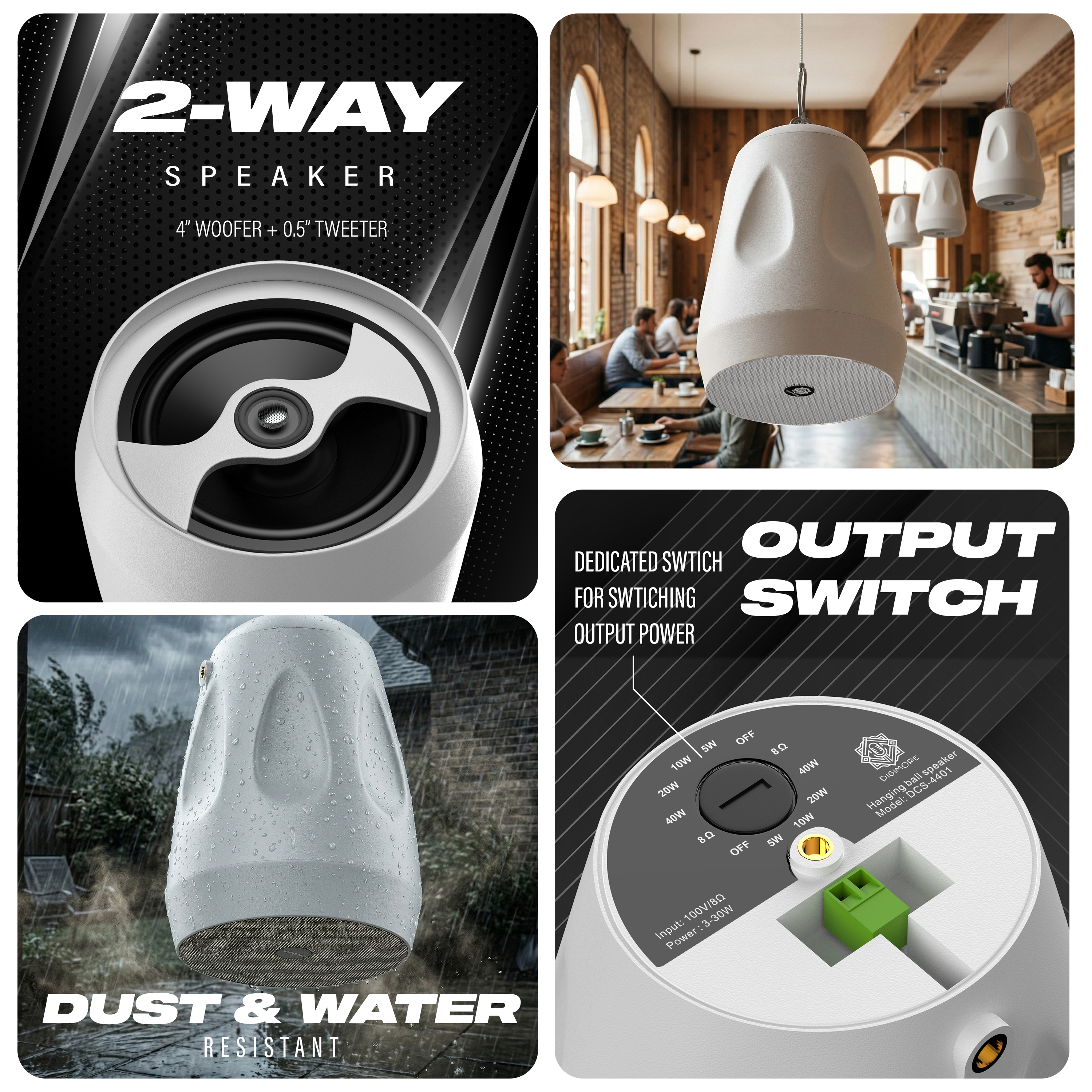 DIGIMORE 40W Hanging Speaker | 2-Way 8Ω Speaker | 6.5" Woofer + 1" Tweeter | Includes Clamp & Metal Cable | Metal Body & Weather-Resistant for Outdoors, Shops, Restaurants (DCS-6501)