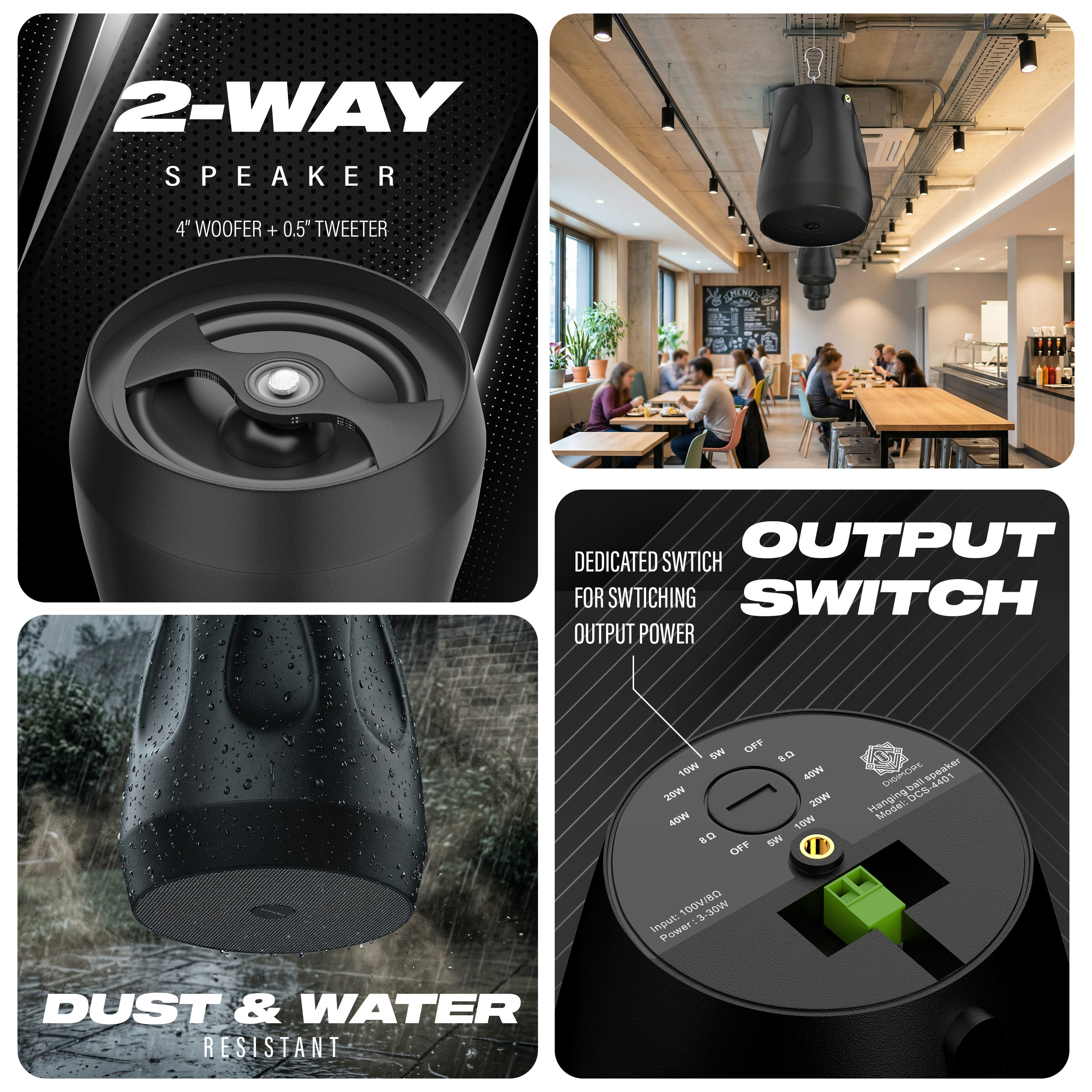DIGIMORE 40W Hanging Speaker | 2-Way 8Ω Speaker | 6.5" Woofer + 1" Tweeter | Includes Clamp & Metal Cable | Metal Body & Weather-Resistant for Outdoors, Shops, Restaurants (DCS-6501)