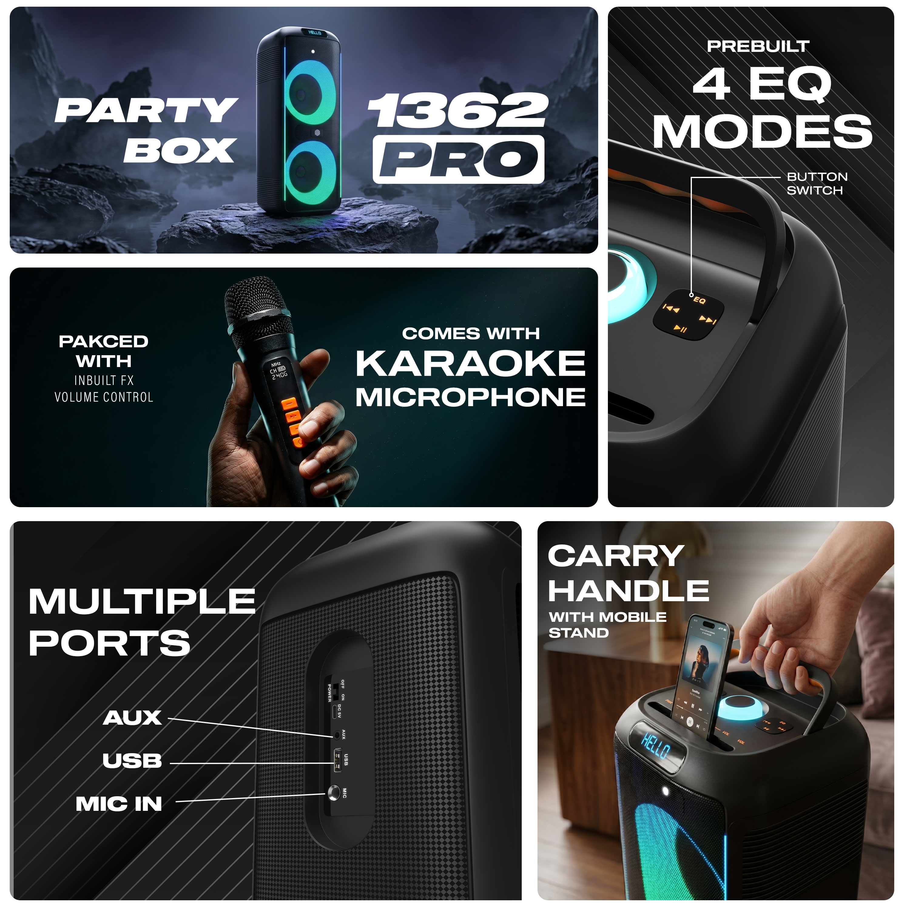 DIGIMORE 160W PartyBox Speaker w/Wireless Mic | Dual 6.5" Boombox Speakers | AI Sound Boost & Deep Base Sound | RGB Lights, 10Hrs Battery & BT 5.3/USB/TF/AUX for Parties & Gatherings (D-1362 Pro)