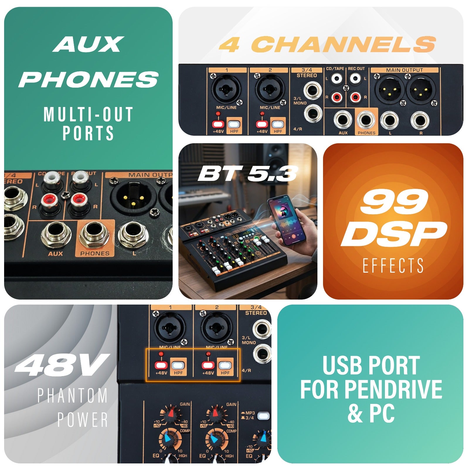 DIGIMORE Professional Audio Mixer with 99 DSP Effects| 2 Mono and 2 Stereo Channel| USB/PC Recording| Bluetooth Connectivity v5.3| Ideal for Live Streaming, Podcasting, Karaoke & Home Studio(D-250PRO)
