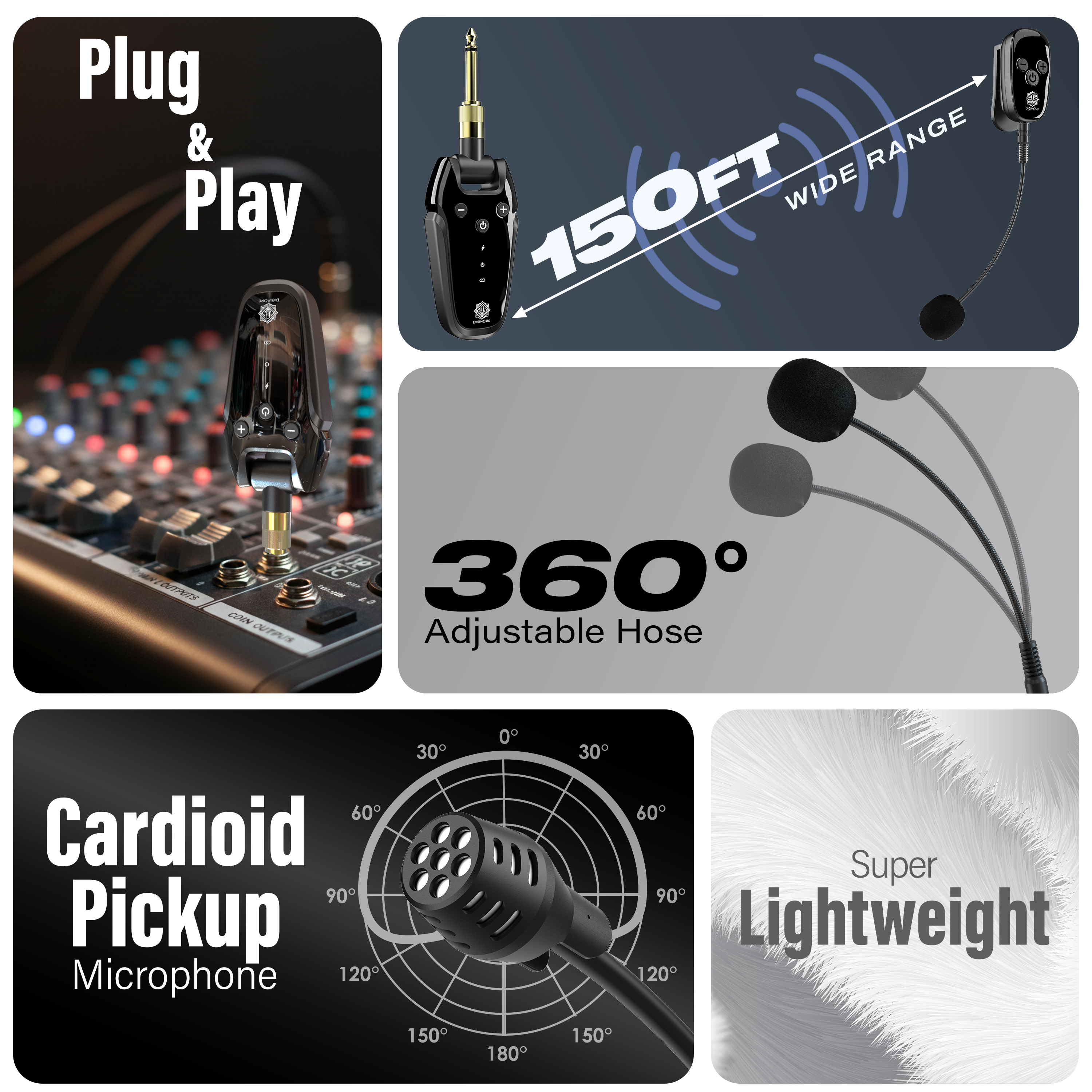 DIGIMORE Wireless Saxophone Microphone System | Transceiver | Built-in Condenser Mic | Low Latency | Long Battery Life | Ideal for Live Performance & Recording (D-344)