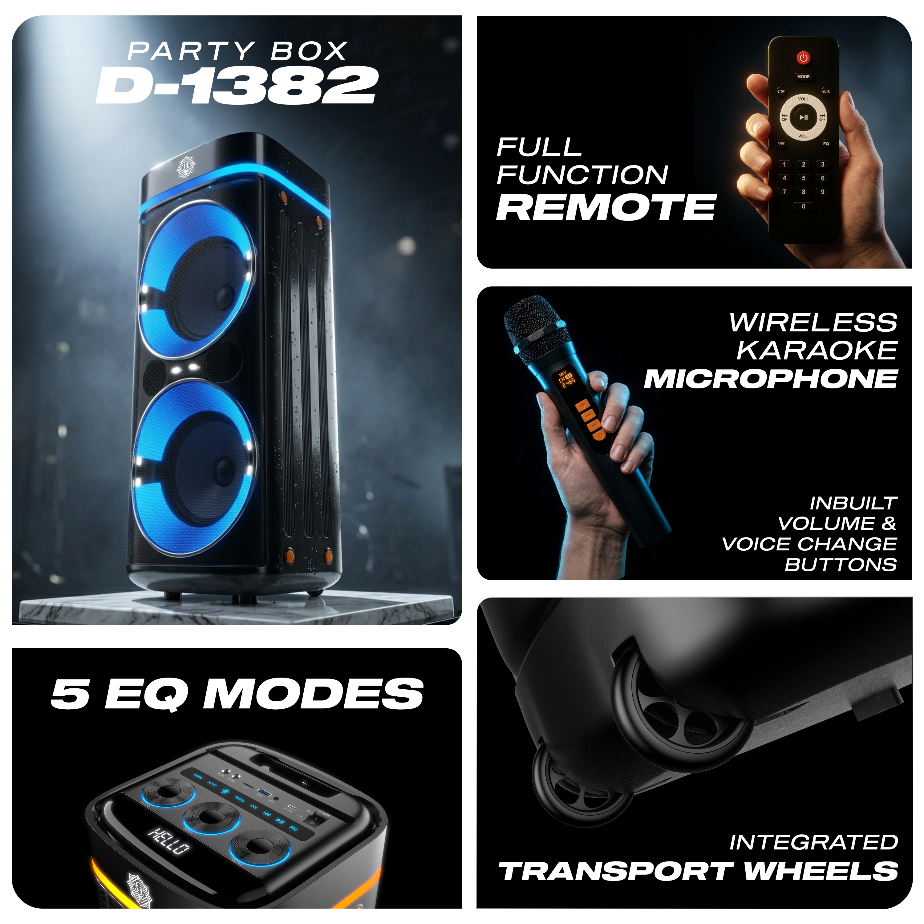 DIGIMORE 240W PartyBox Speaker w/Wireless Mic | Dual 8" Boombox Speakers | AI Sound Boost & Deep Base Sound | RGB Lights, 10Hrs Battery & BT 5.3/USB/TF/AUX for Parties & Gatherings (D-1382)