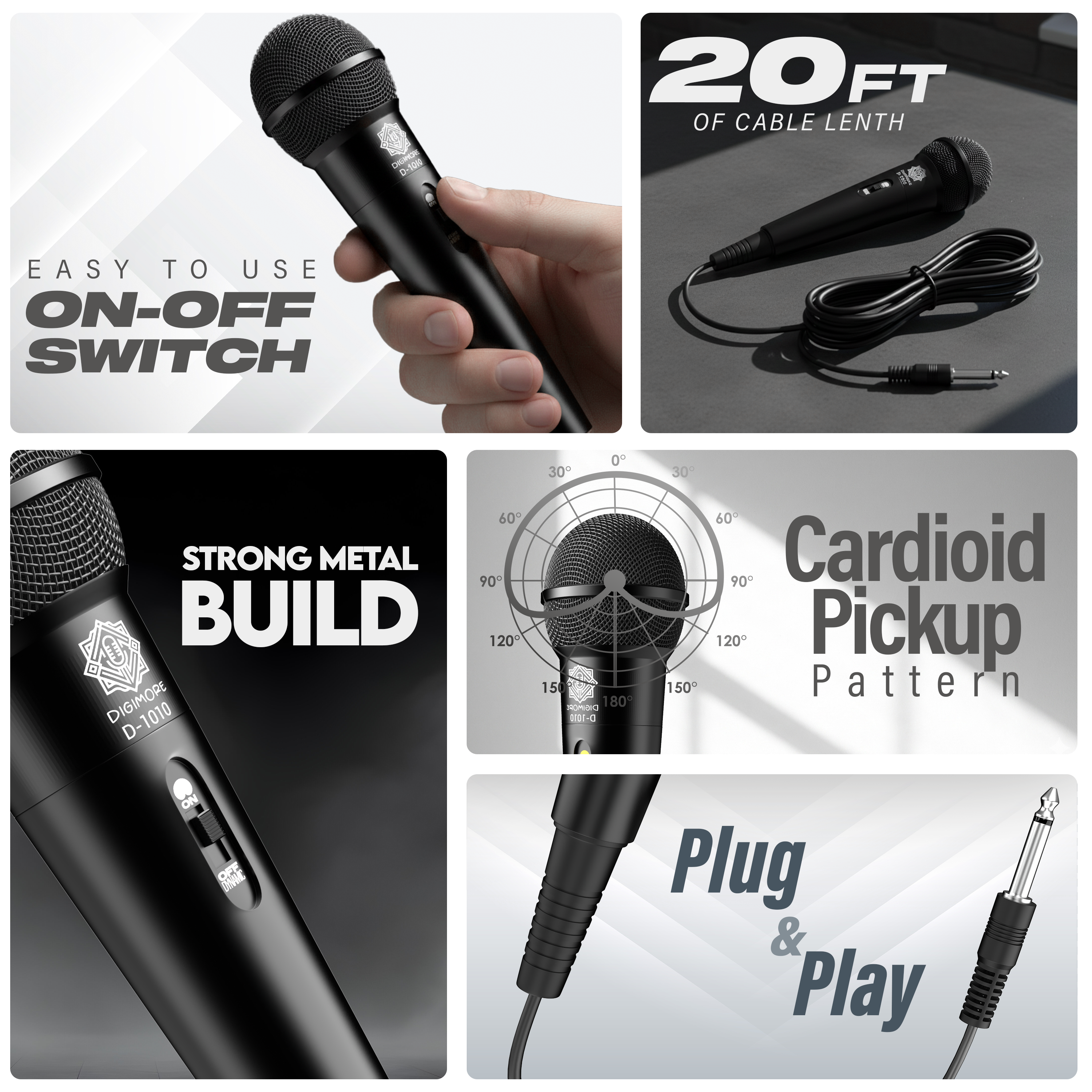 DIGIMORE Cardioid Dynamic Microphone | 6.35mm Jack | High Sensitivity | 3m Cable | ON/Off Switch | Ideal for Karaoke, Singing, PA & Stage Use (D-1010)
