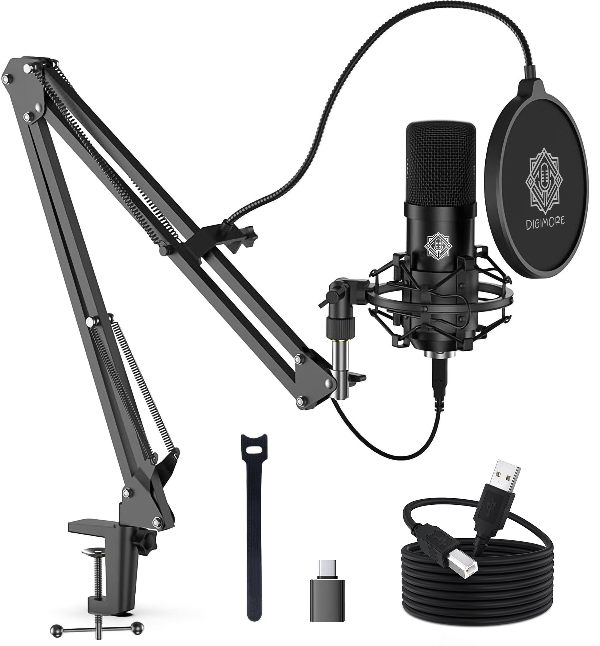DIGIMORE USB Condenser Microphone Kit | 2026 Edition | AI Noise Reduction Chip | Cardioid Mic | Boom Arm Stand | Metal Body | Ideal for YouTube, Podcast, Streaming, Gaming & Studio Recording (D-520)