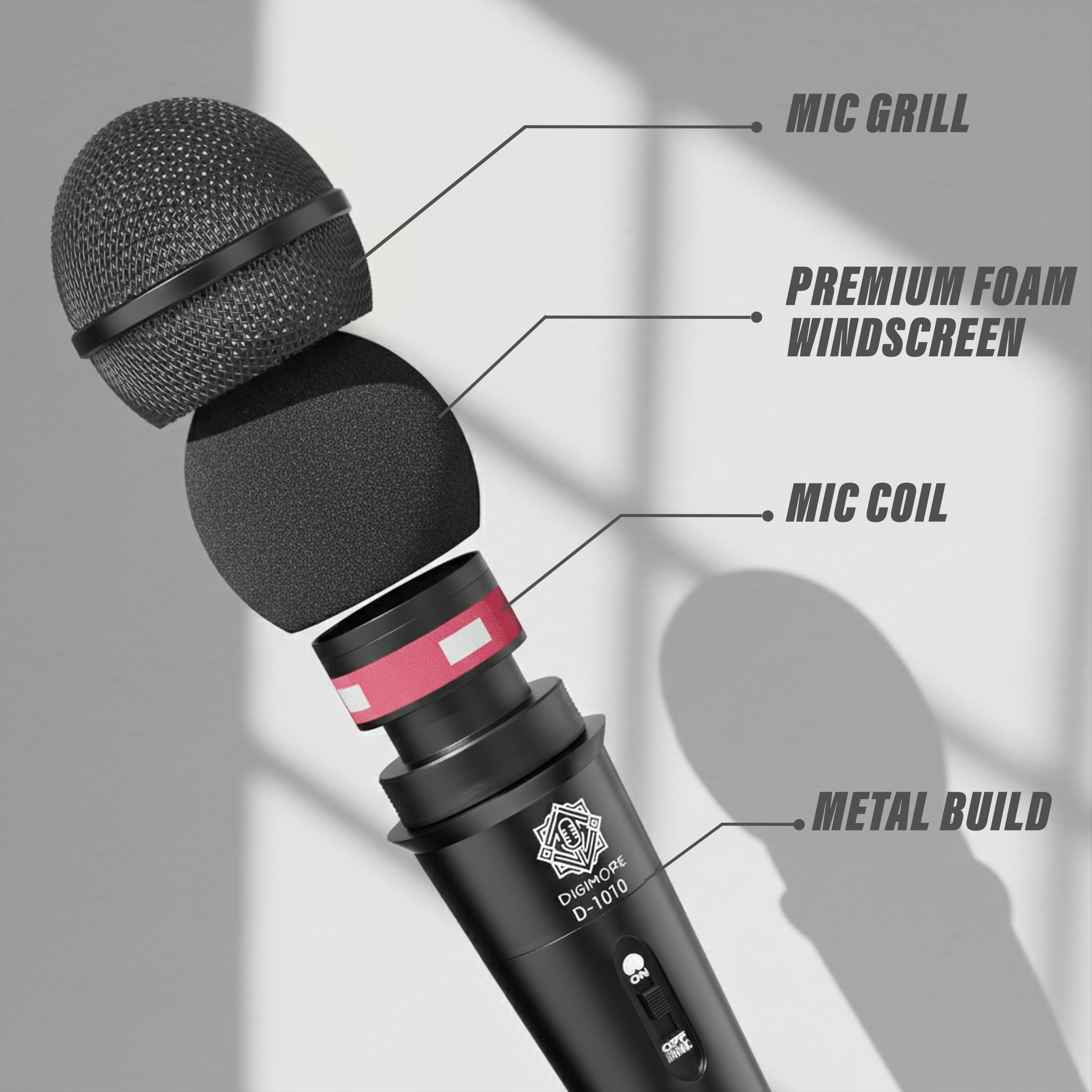 DIGIMORE Cardioid Dynamic Microphone | 6.35mm Jack | High Sensitivity | 3m Cable | ON/Off Switch | Ideal for Karaoke, Singing, PA & Stage Use (D-1010)