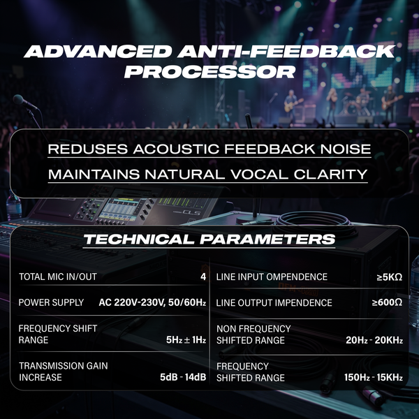 DIGIMORE Anti-Feedback Processor w/ 4 Mic Ins | Anti-Noise Chip | 150Hz-15kHz Freq. Shift | Transformer Based | Inbuilt Gain Boost | Feedback Manager for PA System, Stage Shows & Conferences (DFM-4XO)