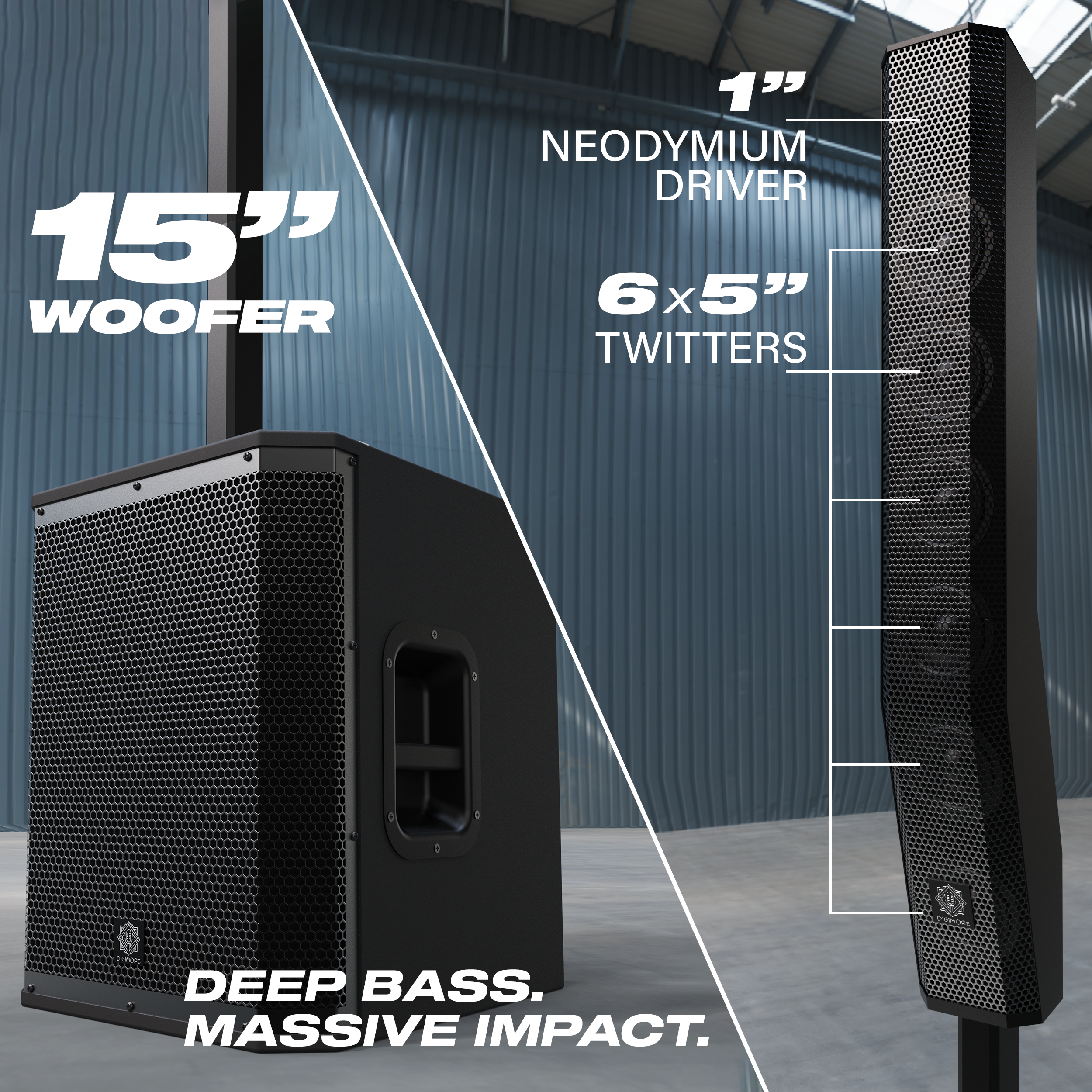 DIGIMORE 2800W Portable Column Line-Array with 15" Powered Subwoofer | Bluetooth v5.4 & TWS | 4 DSP Modes | 2 XLR/6.35mm Input Ports | Ideal for DJ, Live Events & Performances (DCL-15W)