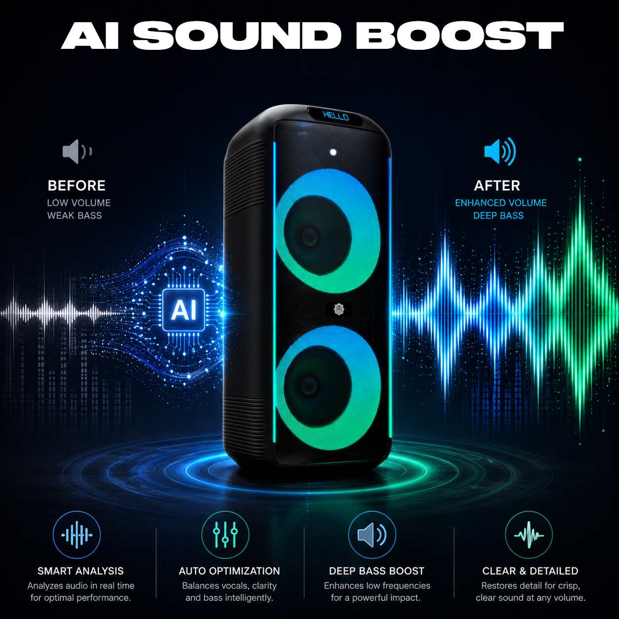 DIGIMORE 160W PartyBox Speaker w/Wireless Mic | Dual 6.5" Boombox Speakers | AI Sound Boost & Deep Base Sound | RGB Lights, 10Hrs Battery & BT 5.3/USB/TF/AUX for Parties & Gatherings (D-1362 Pro)