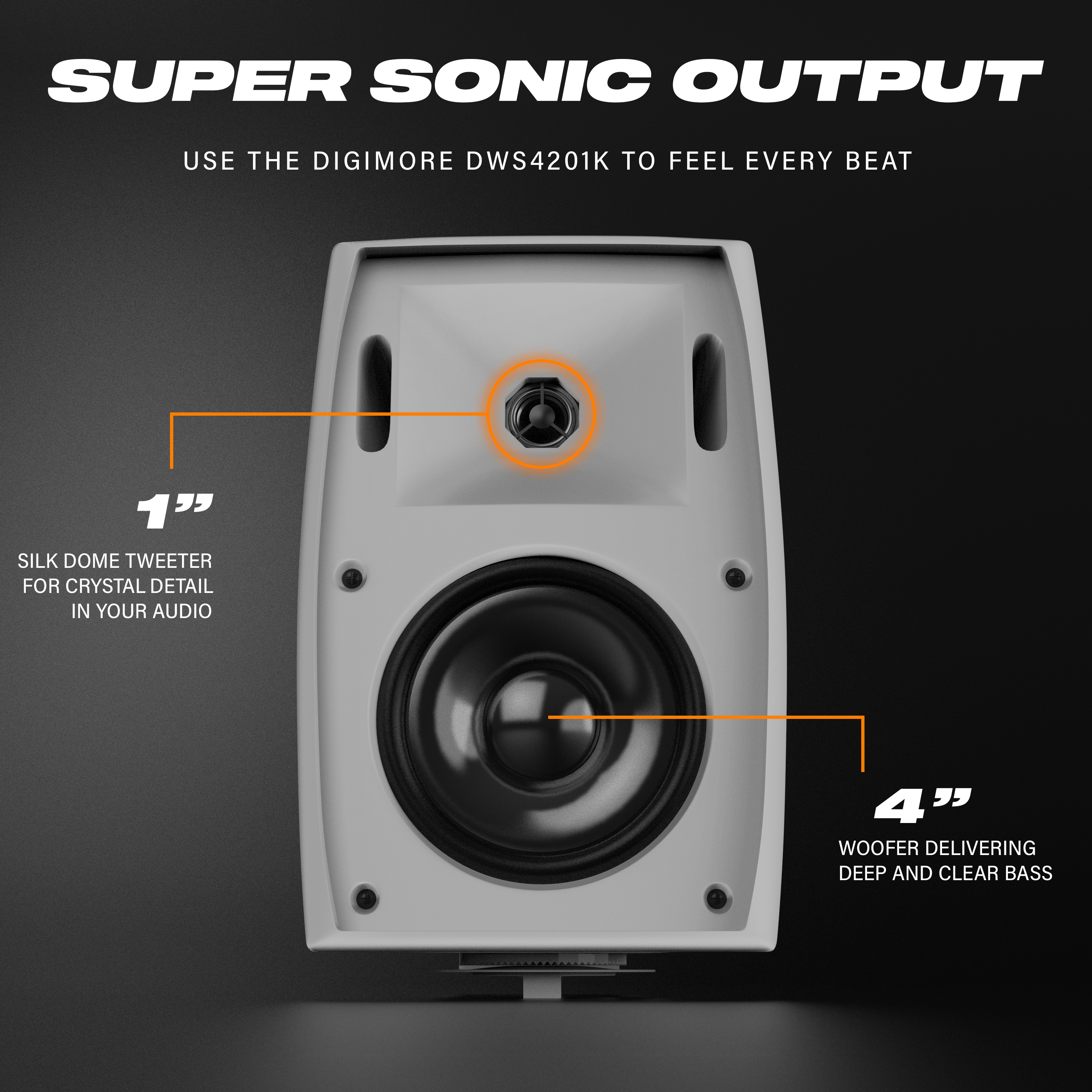 DIGIMORE 80W Wall Speaker | 2-Way 8Ω Speaker | 4" Woofer + 1" Tweeter | Clear & Balanced Sound | Easy Wall Mount | Indoor & Outdoor Use | Ideal for Home, Restaurants & Commercial Spaces (DWS-4201K)