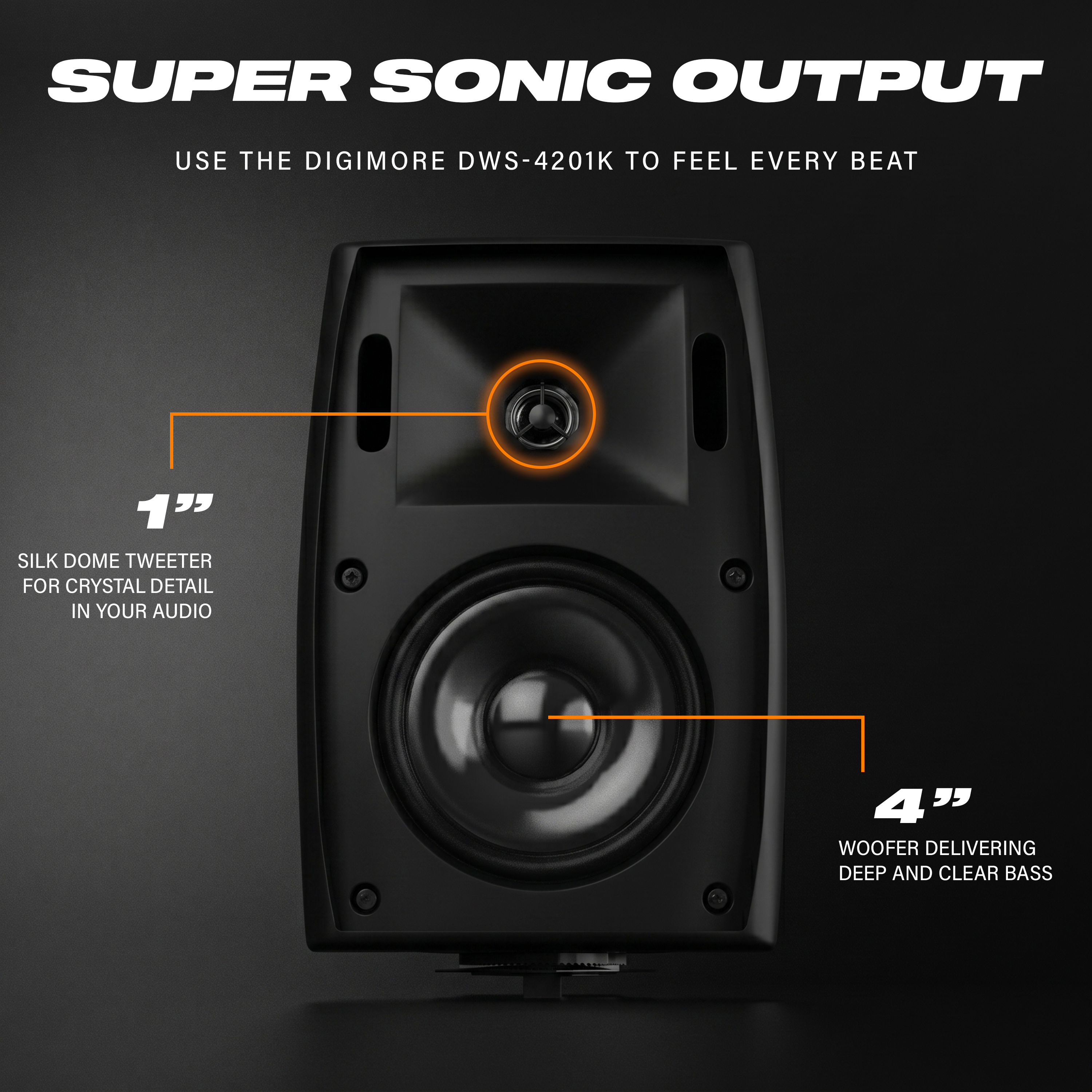 DIGIMORE 80W Wall Speaker | 2-Way 8Ω Speaker | 4" Woofer + 1" Tweeter | Clear & Balanced Sound | Easy Wall Mount | Indoor & Outdoor Use | Ideal for Home, Restaurants & Commercial Spaces (DWS-4201K)