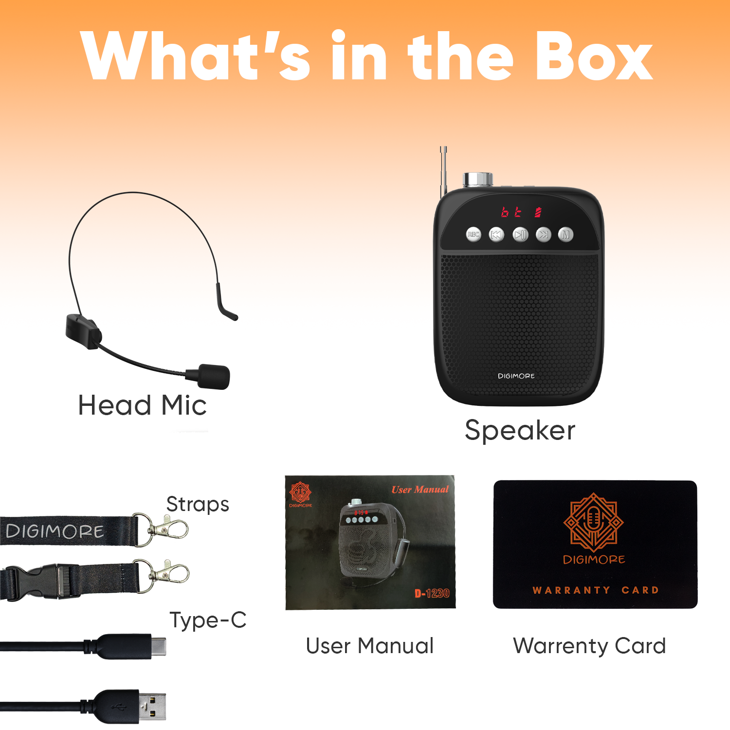 DIGIMORE Portable Voice Amplifier | 10W Loud Speaker w Head Mic | BT 5.0, USB MP3, FM, TF Card & Recording Feature | 10Hrs Battery Life | for Tour Guides, Yoga, Fitness Instructors, Colleges (D-1220)