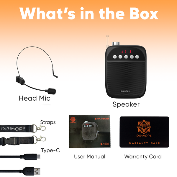 DIGIMORE Portable Voice Amplifier | 10W Loud Speaker w Head Mic | BT 5.0, USB MP3, FM, TF Card & Recording Feature | 10Hrs Battery Life | for Tour Guides, Yoga, Fitness Instructors, Colleges (D-1220)