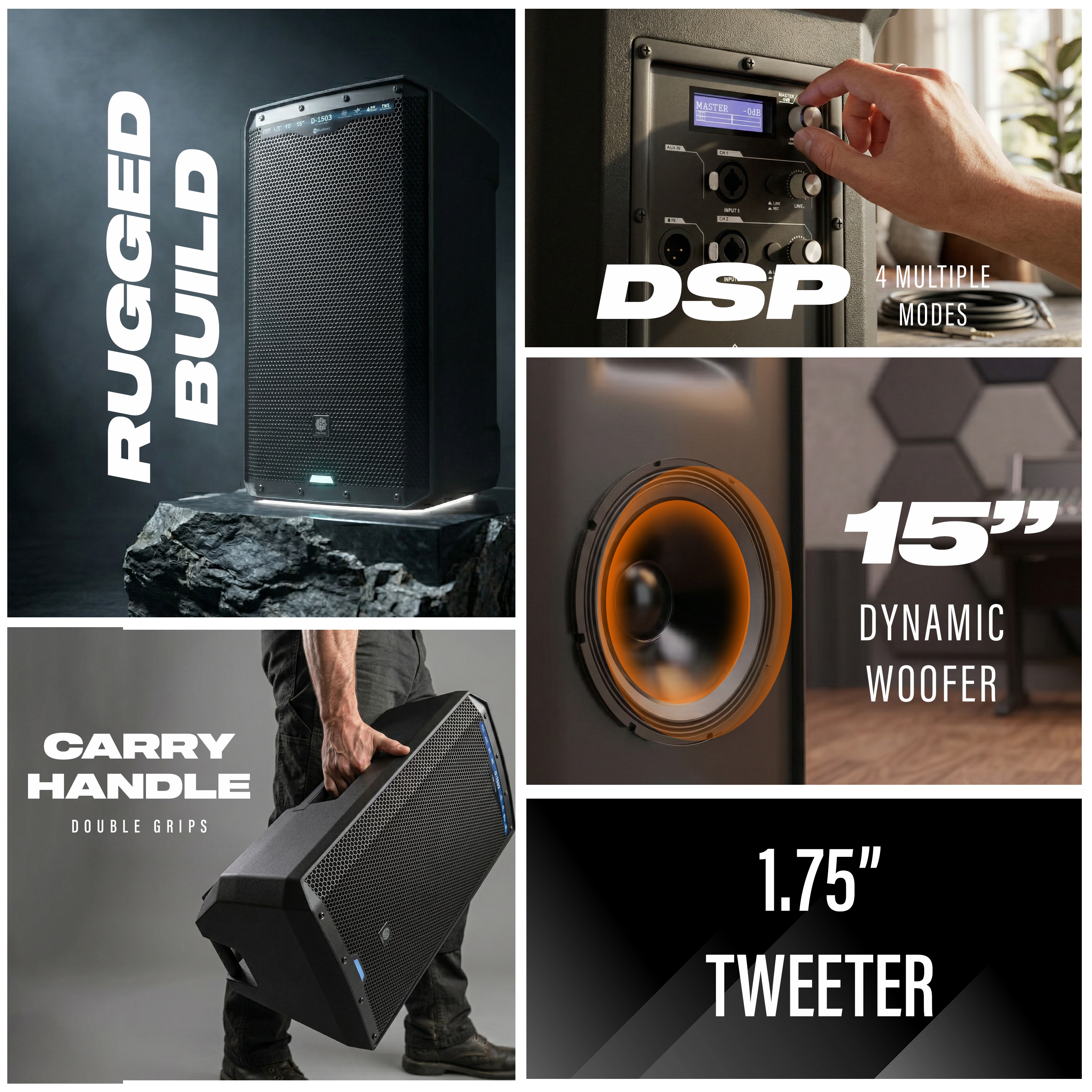DIGIMORE 2800W Active Speaker with 15" Woofer & 1.75" Titanium HF | BT 5.3 & TWS | 4 DSP Modes | 2 XLR/6.35mm Input Ports | Class-D Amplifier | Ideal for DJ, Live Events & Performances (D-1503)