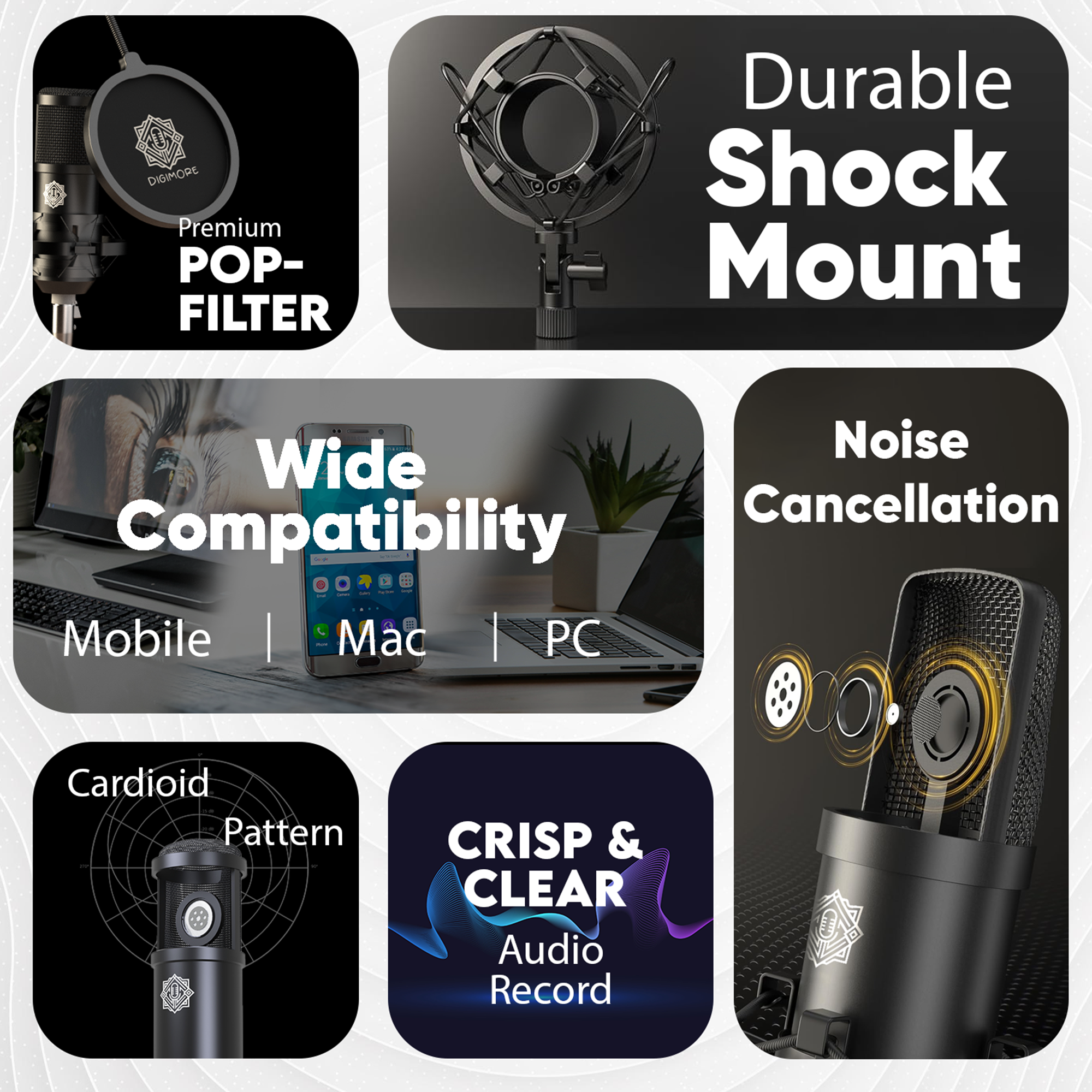 DIGIMORE USB Condenser Microphone Kit | 2026 Edition | AI Noise Reduction Chip | Cardioid Mic | Boom Arm Stand | Metal Body | Ideal for YouTube, Podcast, Streaming, Gaming & Studio Recording (D-520)