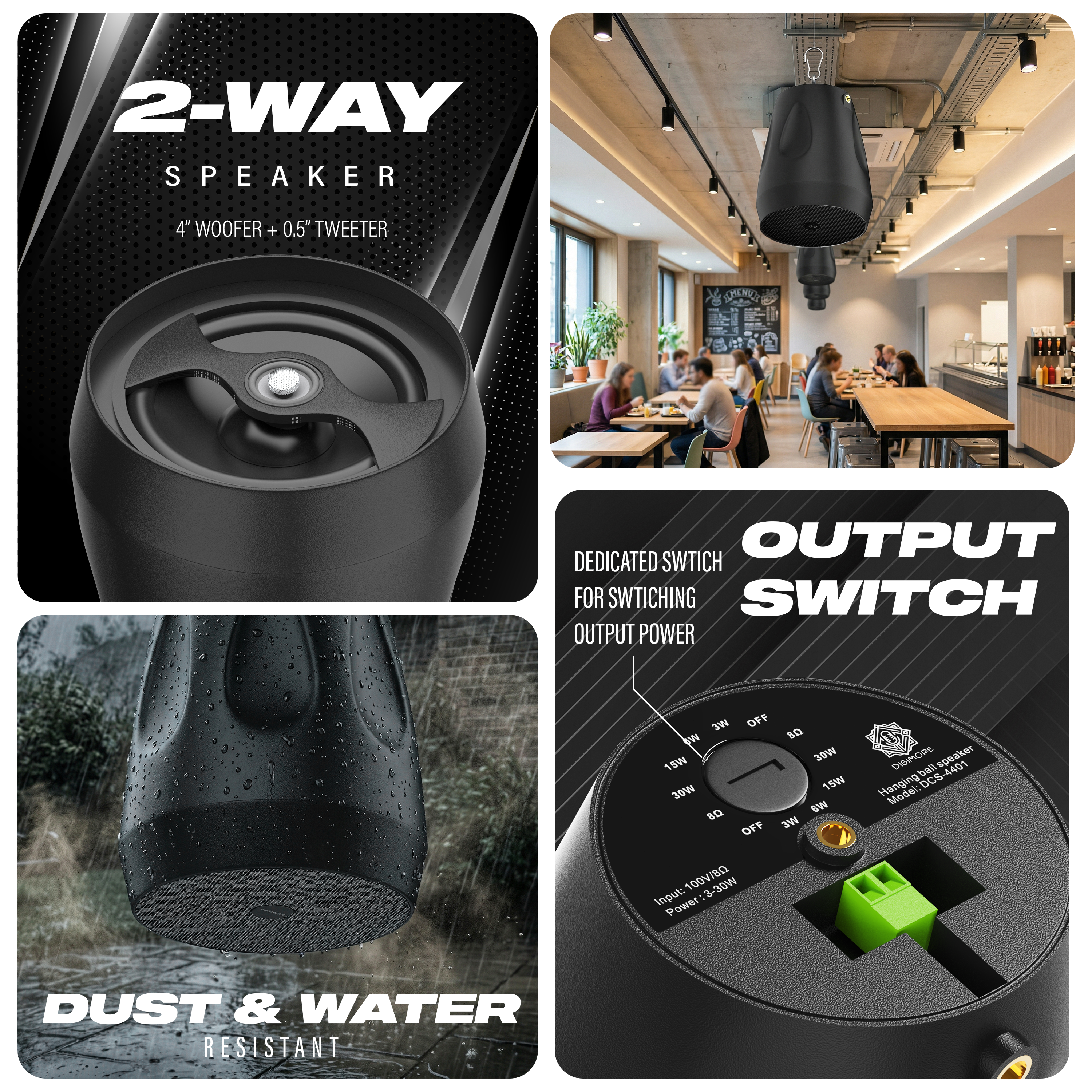 DIGIMORE 30W Hanging Speaker | 2-Way 8Ω Speaker | 4" Woofer + 0.5" Tweeter | Includes Clamp & Metal Cable | Metal Body & Weather-Resistant for Outdoors, Shops, Restaurants (DCS-4401)