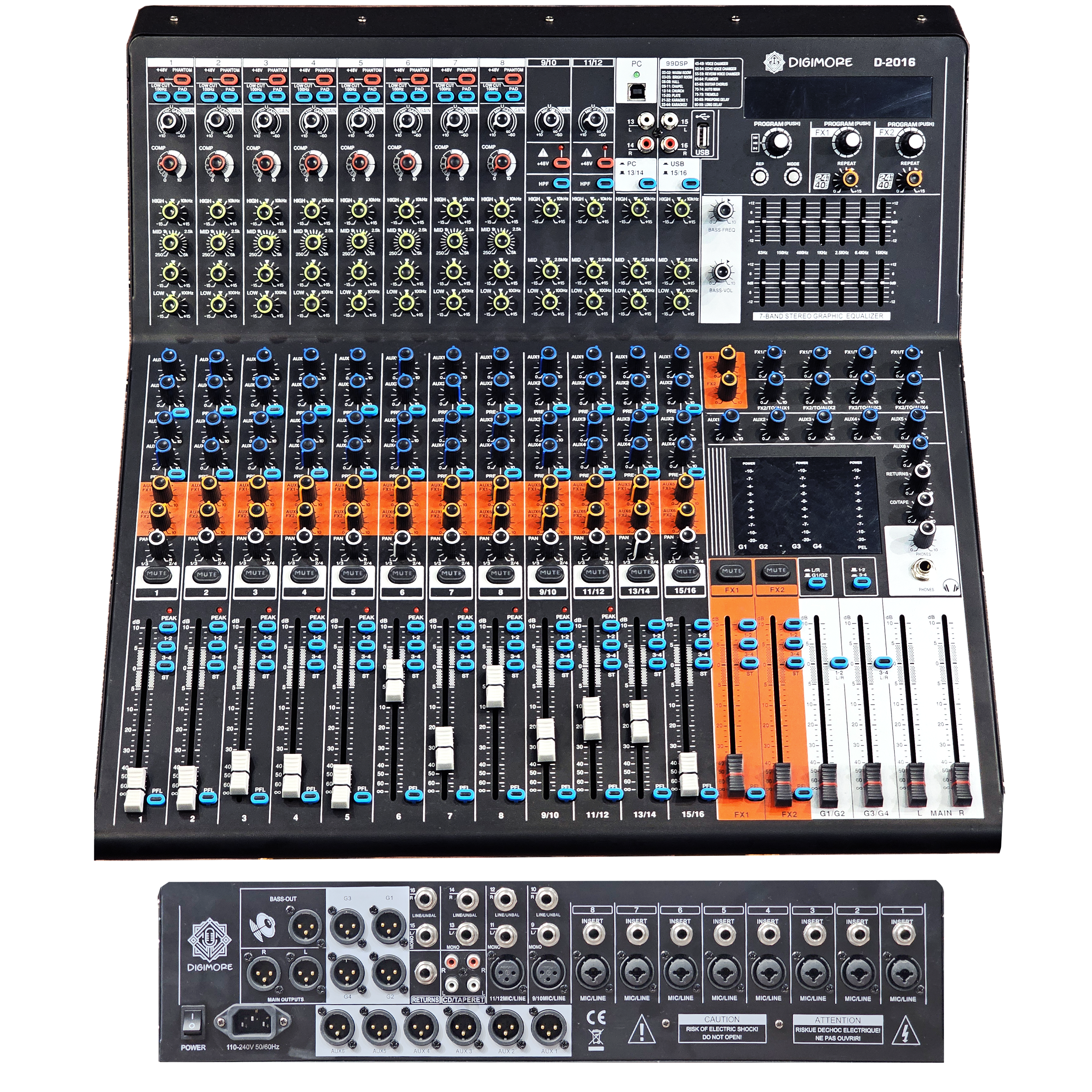 Digimore 16-Channel Audio Mixer | 6 Aux, 4 Groups & 1 Bass XLR Output | Pre/Post Control | Mute & 48V Phantom Power | 99 DSP Effects | BT 5.4/USB/PC Recording | Ideal for DJ & Live Events (D-2016)
