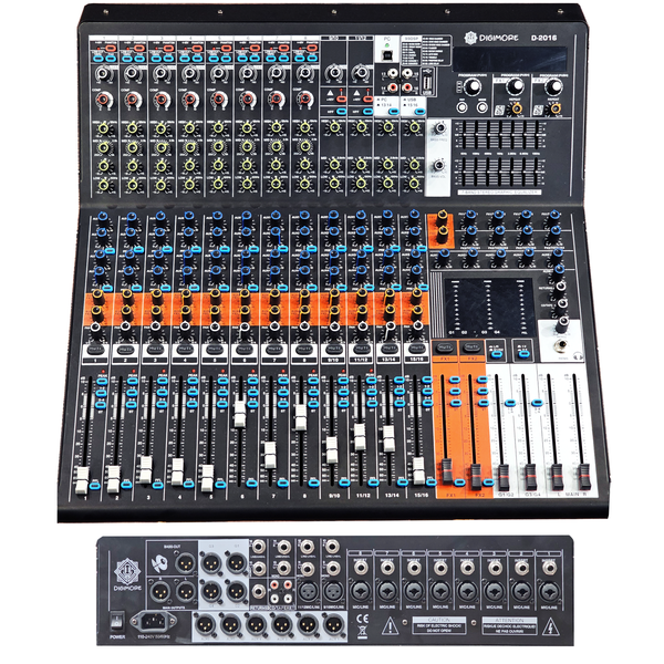 Digimore 16-Channel Audio Mixer | 6 Aux, 4 Groups & 1 Bass XLR Output | Pre/Post Control | Mute & 48V Phantom Power | 99 DSP Effects | BT 5.4/USB/PC Recording | Ideal for DJ & Live Events (D-2016)